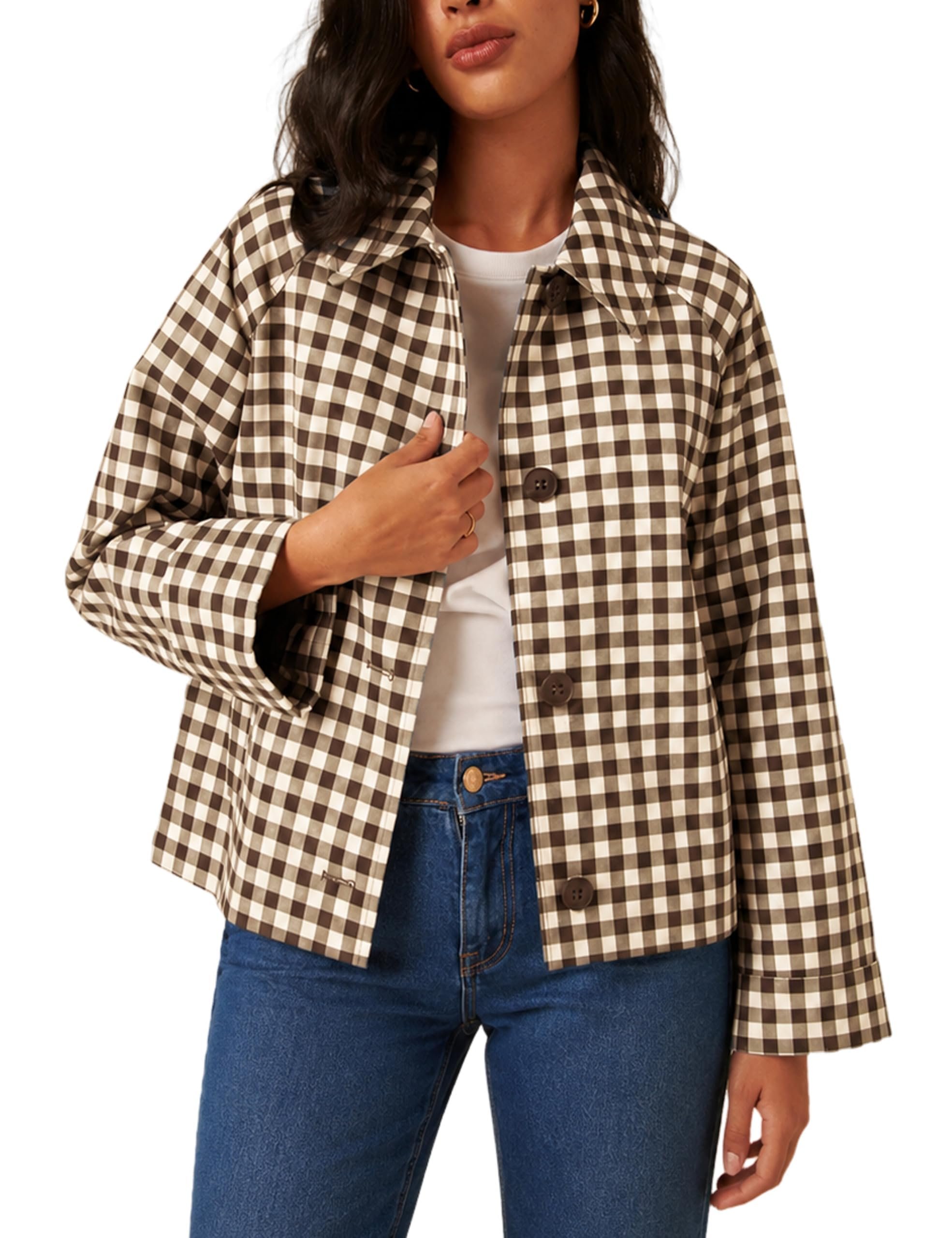 Brown gingham checks over light wash wide legs — Yeokou Women Plaid Short Trench Jacket Lapel Button Down Casual Lightweight Outwear with Pockets