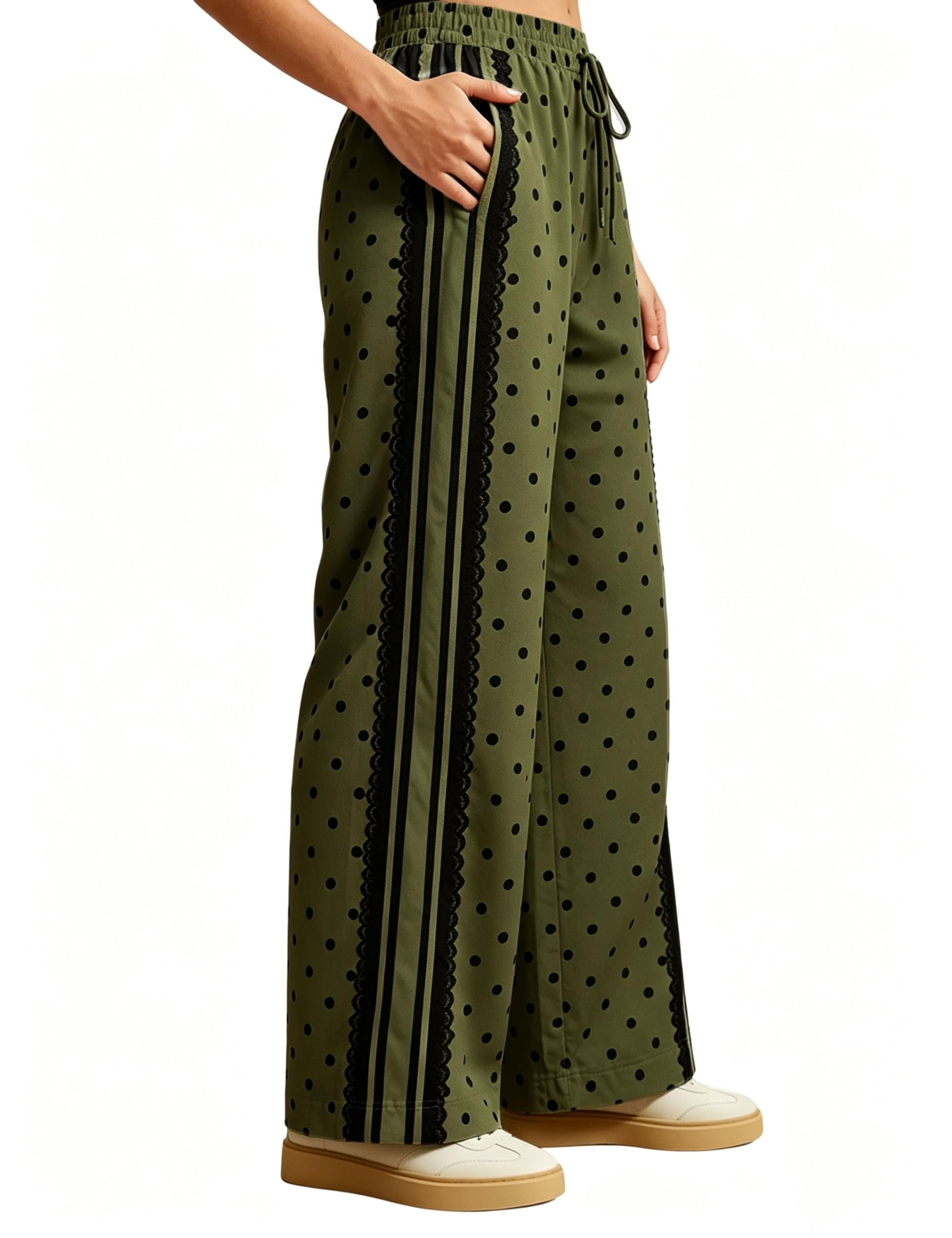 A late-night case for the sleeveless puffer — Yeokou Women's Wide Leg Pants Polka Dot Lace Striped High Waisted Casual Track Pants with Pockets Work Travel Trousers
