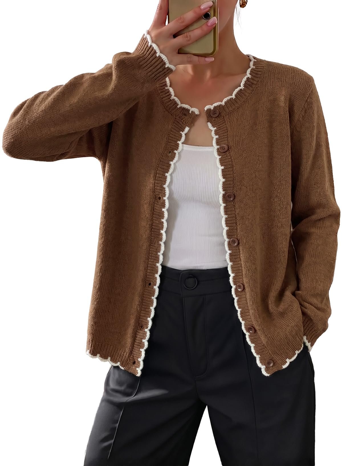 Kept it simple: brown scallops, white tank, black bikers — Dokotoo Cardigan Sweaters for Women Fall Fashion Clothes Outfits