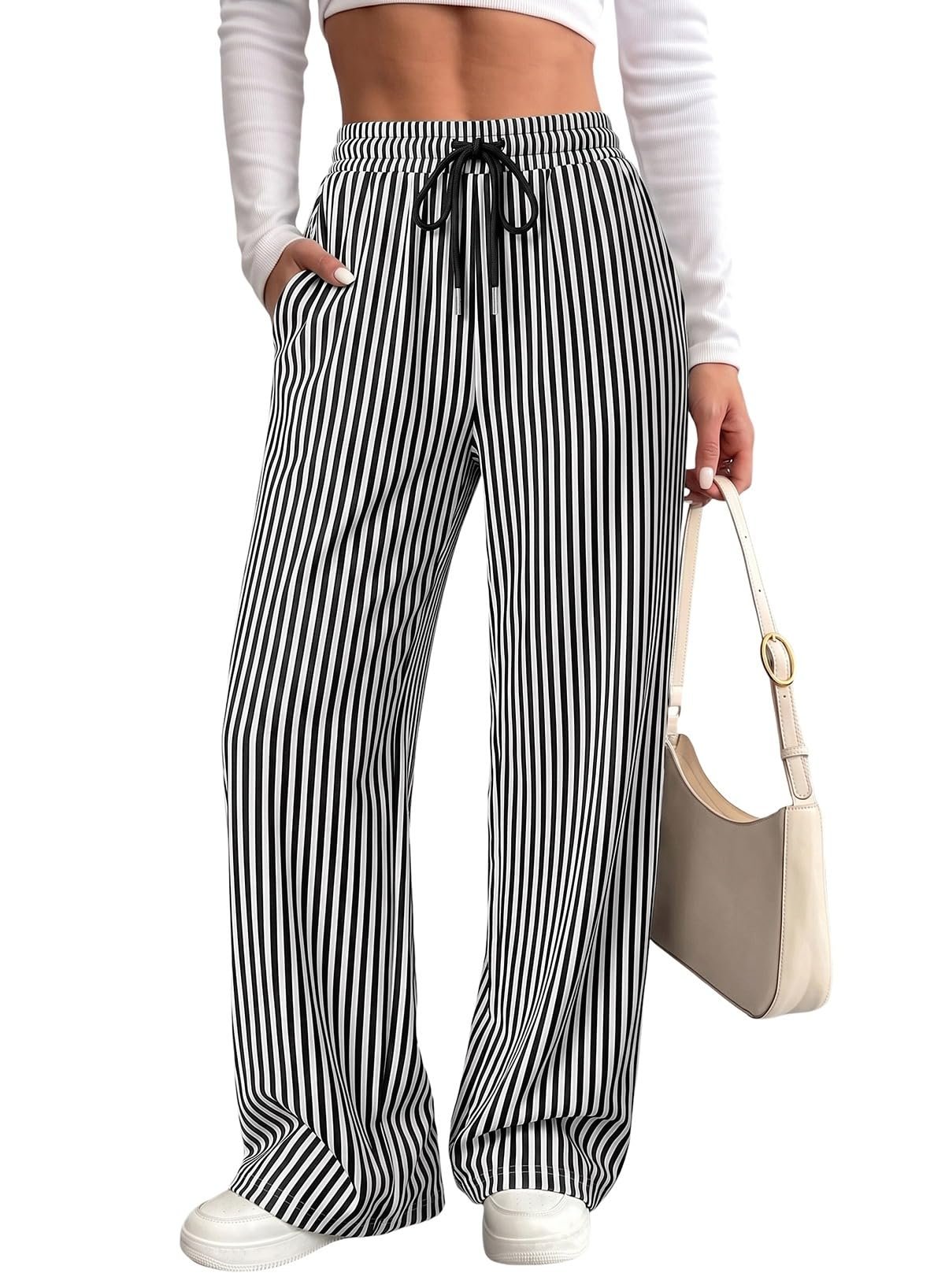 The little second flower tucked near the hem — Dokotoo Womens Sweatpants Palazzo Drawstring Elastic Waist Wide Leg Pants