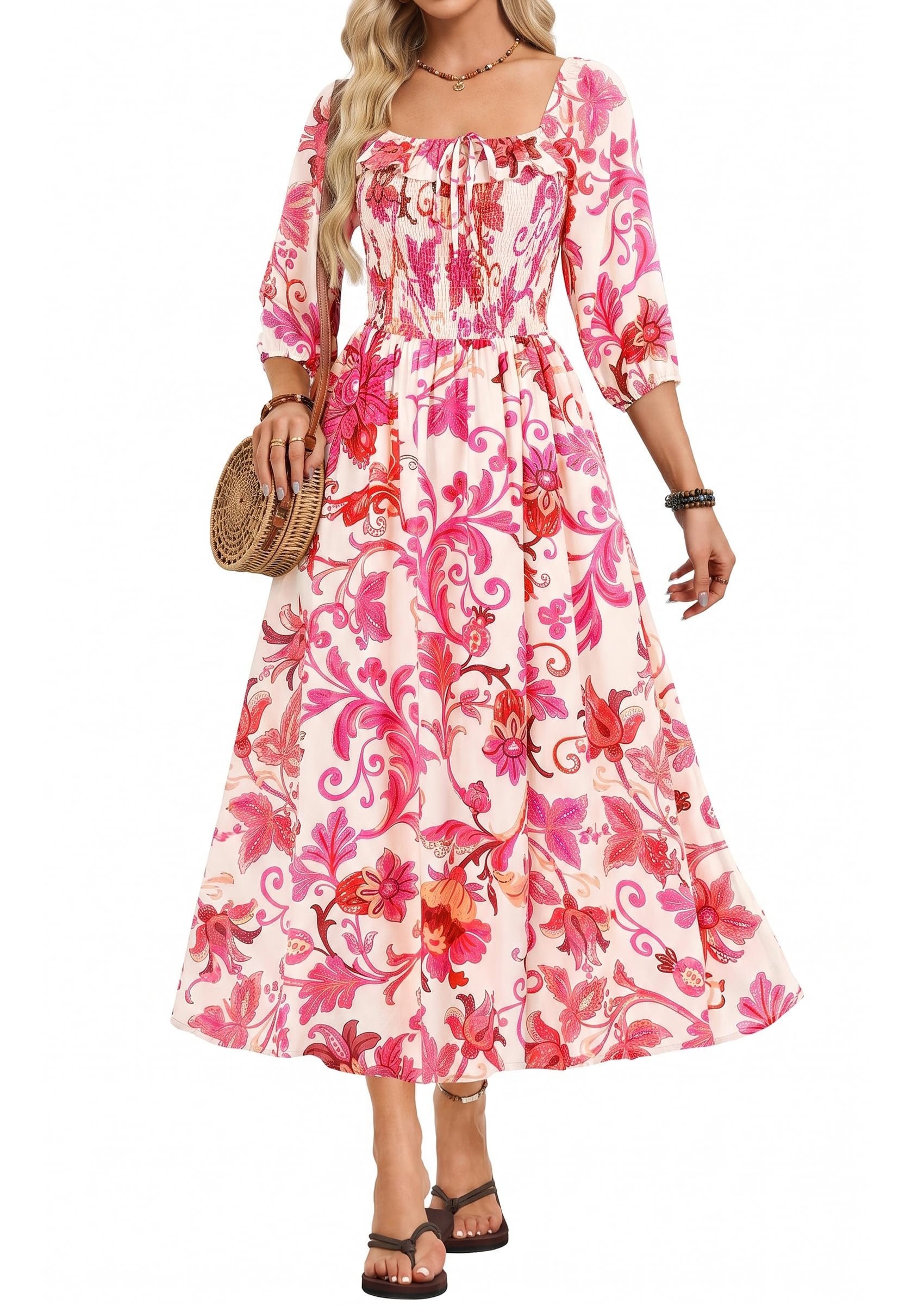 Square neck with the little tie and ruffle up top — Kate Kasin Womens Summer Fall Boho Maxi Wedding Guest Dresses with Pockets