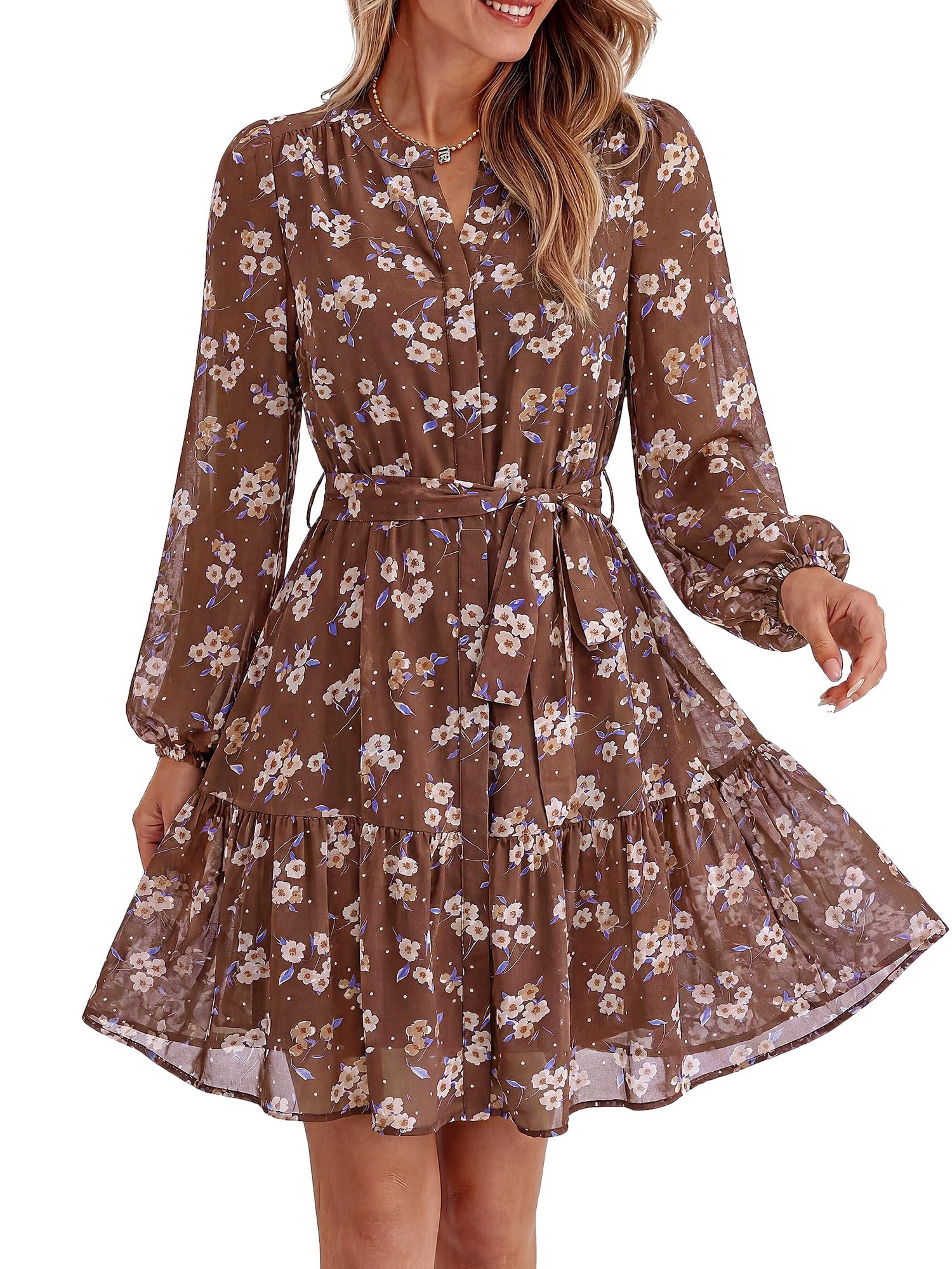 Dress is carrying this outfit — Btfbm Womens Dresses Fall Chiffon Floral V Neck Long Sleeve Mini Dress