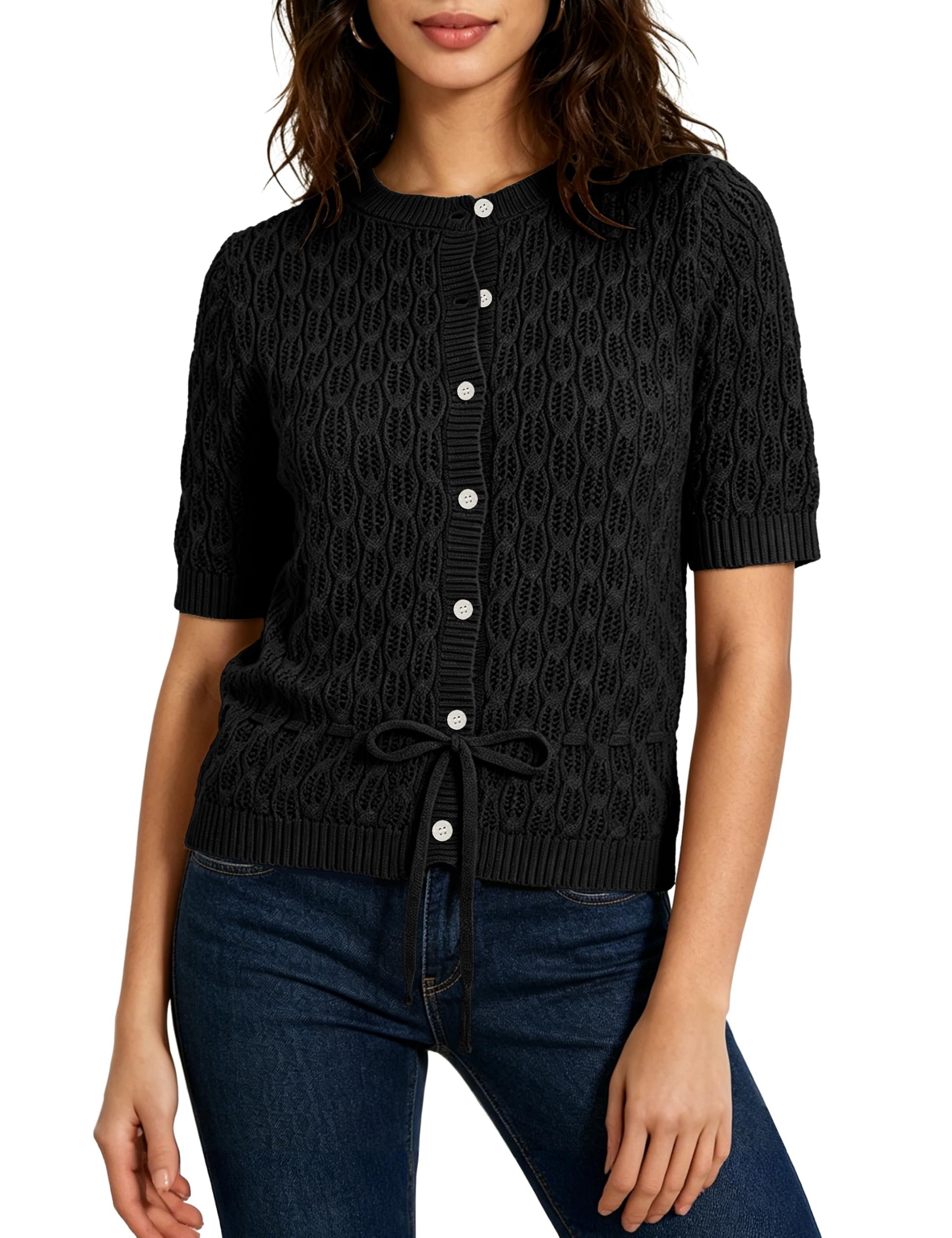 Black pointelle knit with white buttons down front — Grijaaz Womens Pointelle Knit Cardigan Drawstring Waist