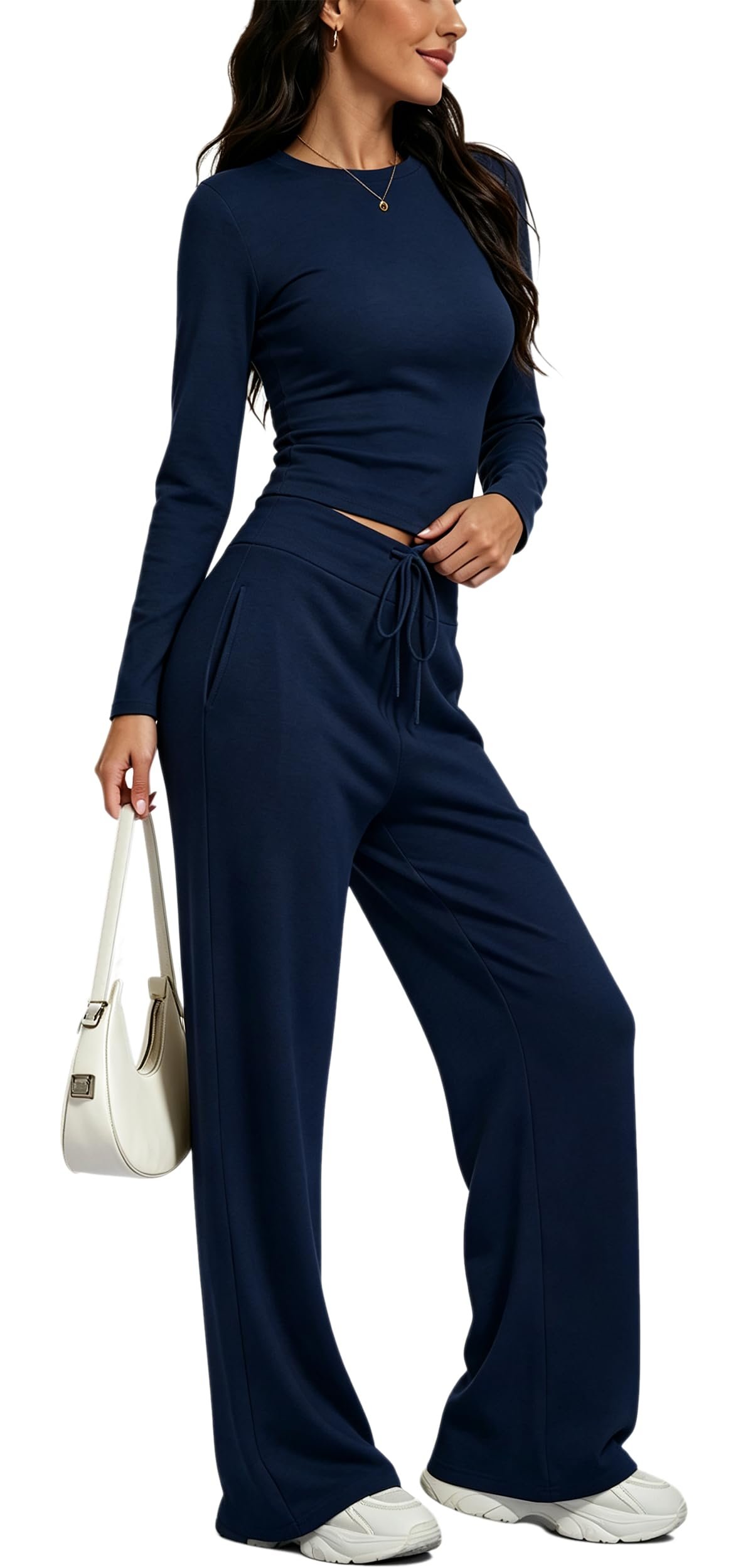 Matching navy top and wide leg pants by the brick wall — Pinksavior Lounge Sets For Women 2 Piece Long Sleeve Top & Wide Leg Pants With Pockets