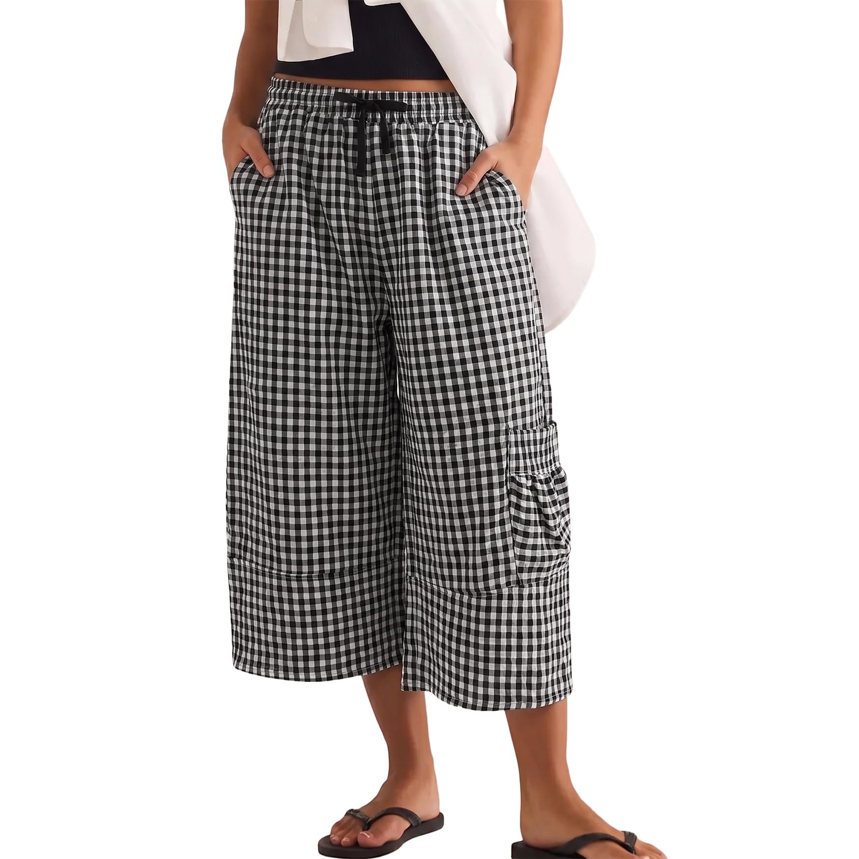 Closet called. Lightweight Jacket picked up — Keeliya Womens Gingham Barrel Capri Pants Wide Leg Plaid Palazzo Trousers