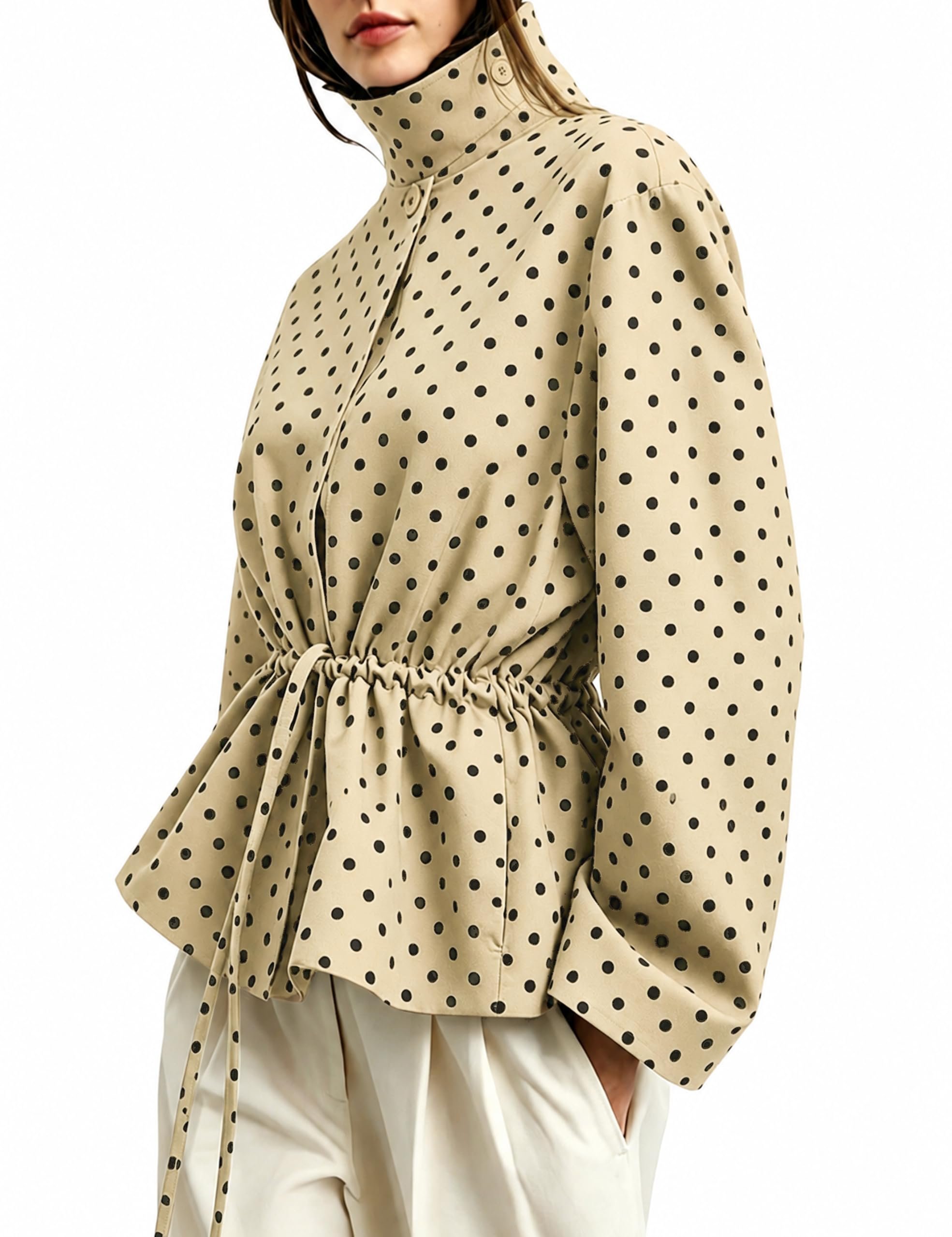 Green tartan wrap skirt showing fringe along the slit — Yeokou Women's Drawstring Polka Dot Jackets Funnel Neck Button Down Short Casual Lightweight Parka Coat with Pockets