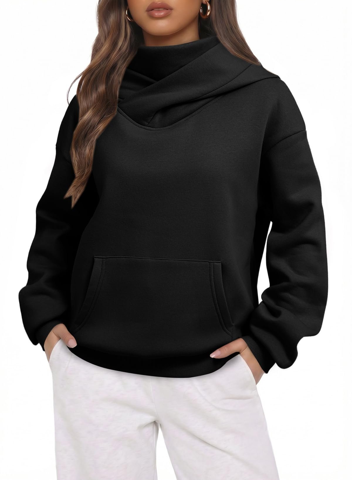 Cowl neck folding into a soft drape — Dokotoo Hoodies for Women Oversized Mock Neck Sweatshirt with Face Cover