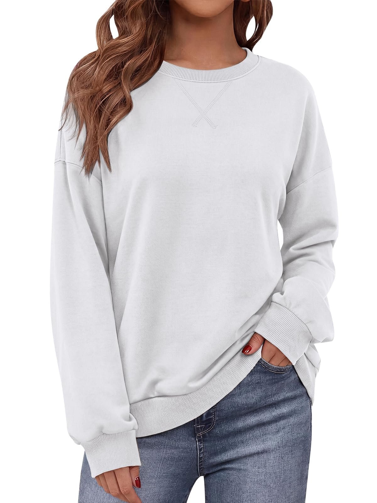 Windowpane checks in brown navy and cream — Prettygarden Lightweight Oversized Crewneck Sweatshirts Women Fall Outfits