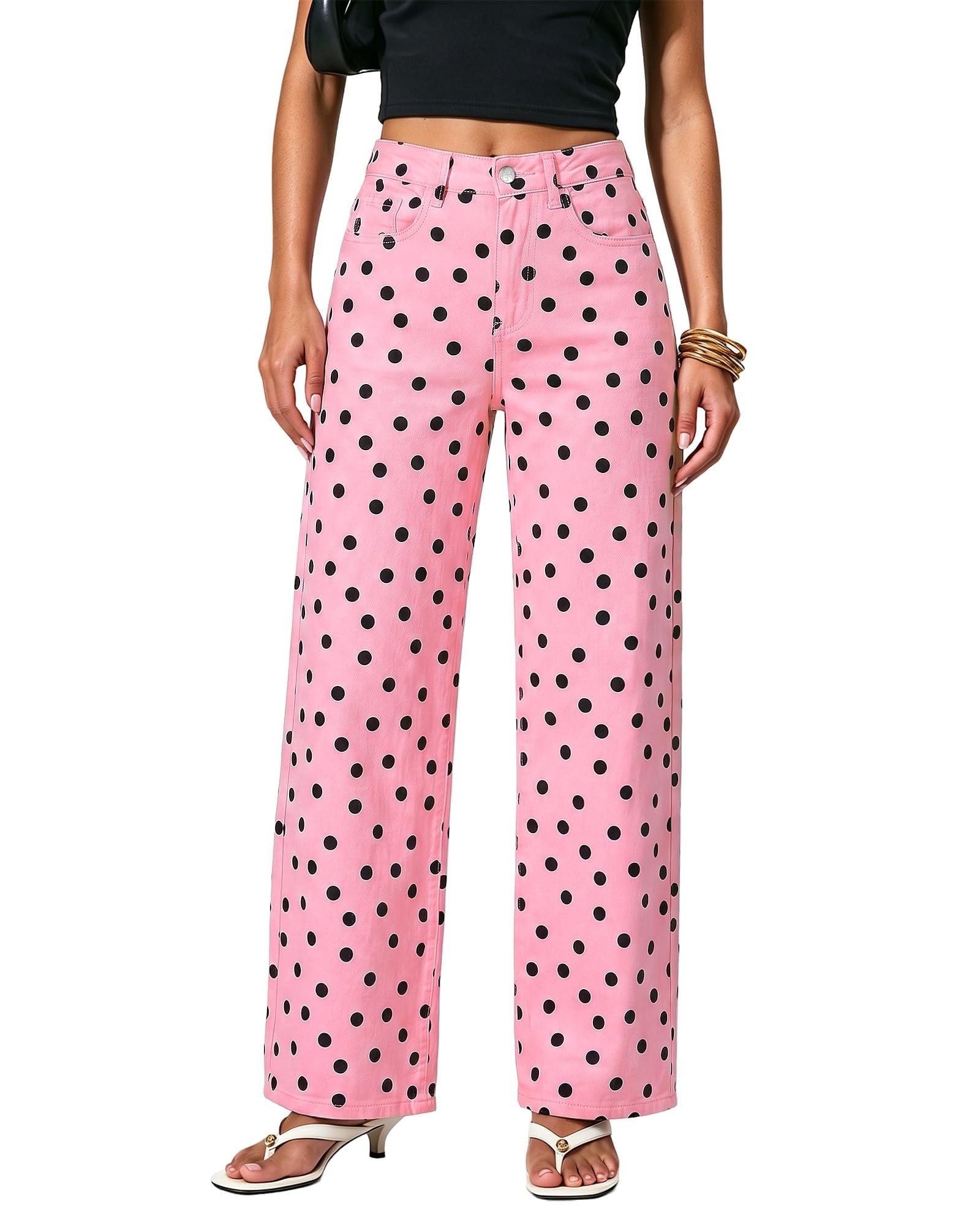 Dots on denim, collar on duty — Grapent Wide Leg Jeans for Women High Waisted Polka Dot Stretch Denim Pants