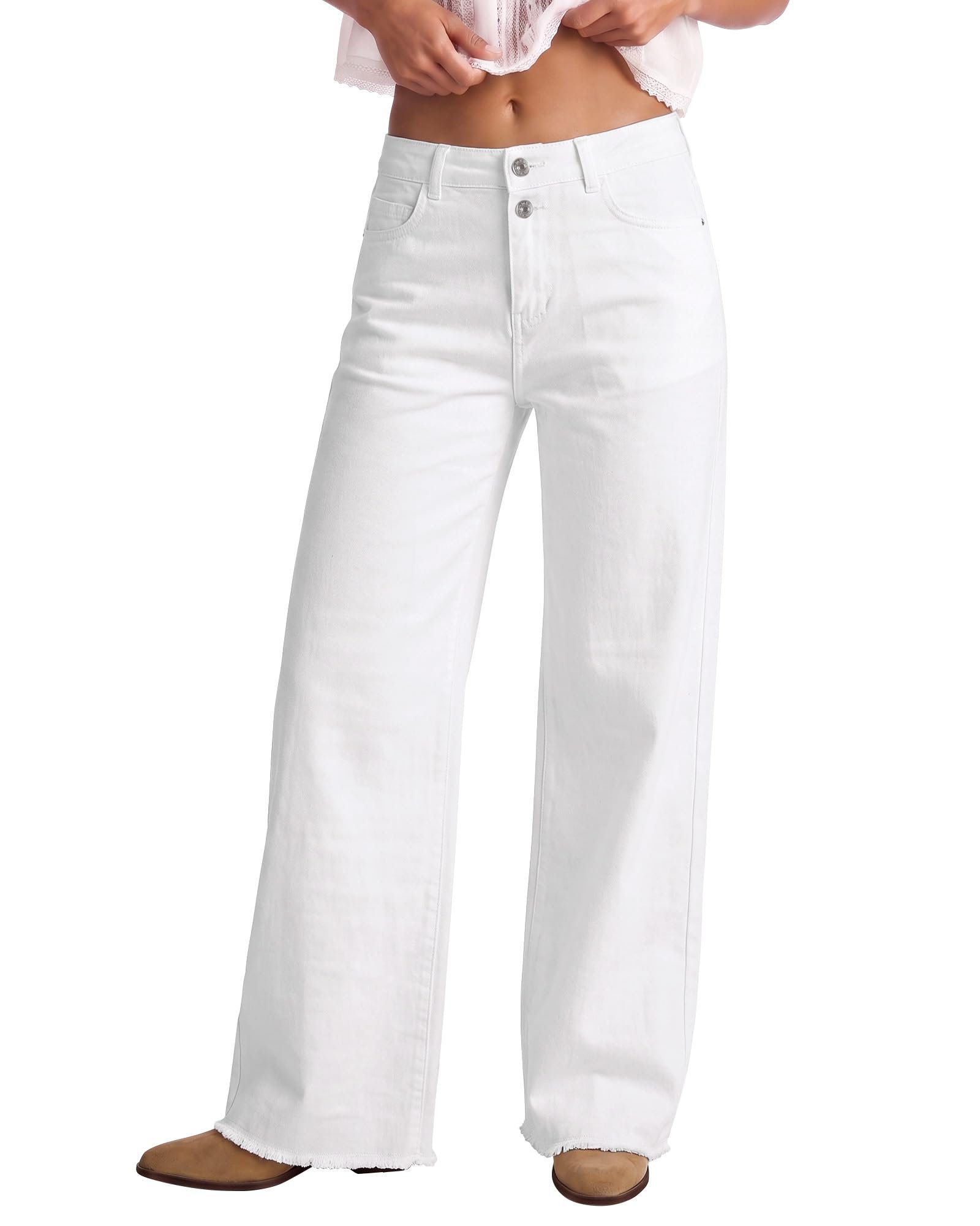 Double silver buttons closing the white jeans — Luvamia Wide Leg Jeans for Women High Waisted Stretchy Denim Pants Raw Hem