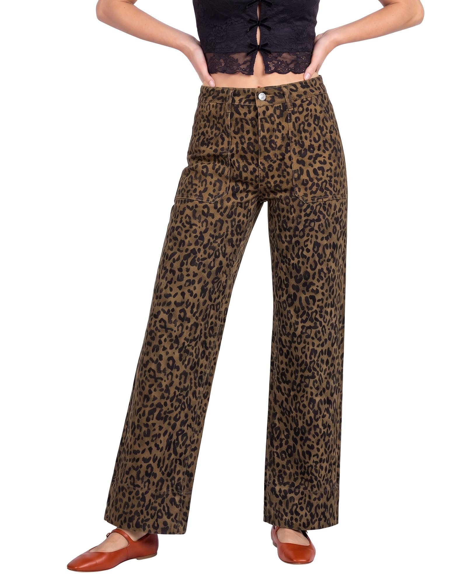 Silver button and patch pockets up top on the leopard — Luvamia Wide Leg Leopard Pants High Waisted Cheetah Print Jeans for Women