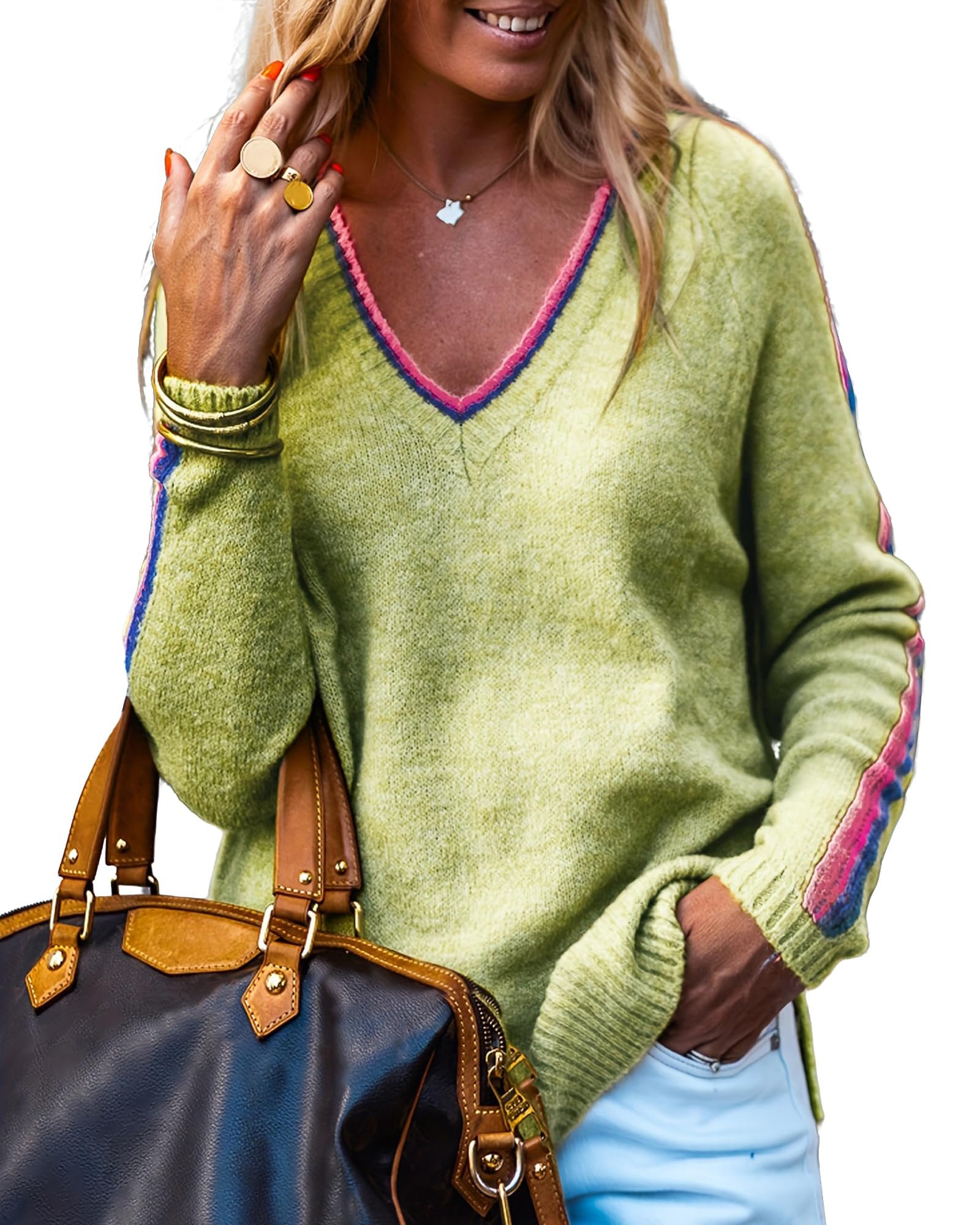 Sun out, Top on — Bepoyiye Women V Neck Contrast Trim Pullover Sweater Long Sleeve Knit Tops