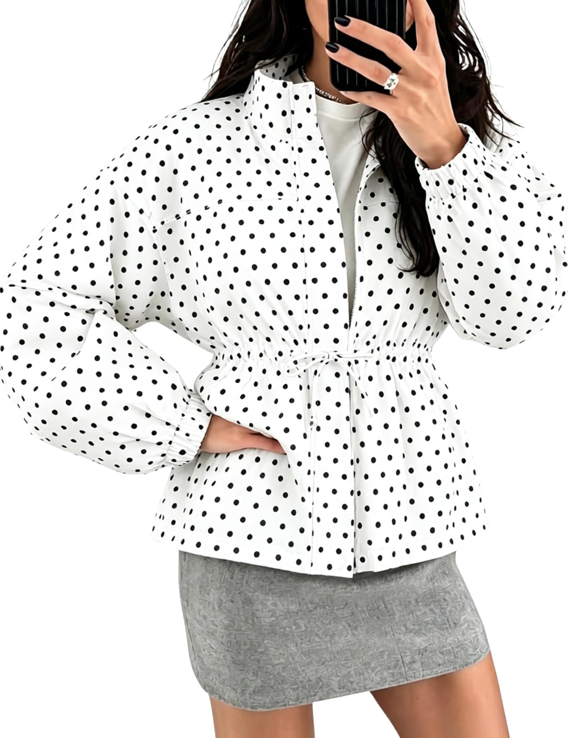 Cold front, warm welcome for Jacket — Athlisan Women's Polka Dot High Neck Casual Jacket Long Sleeve Zip-Up Cinched Waist Windbreaker for Fall & Winter