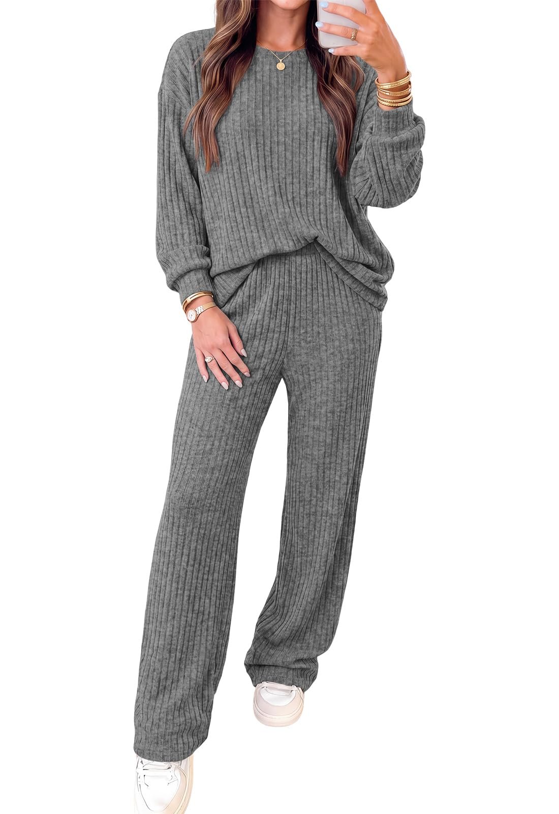 Vertical ribs running down the wide leg pants — Rumia Lounge Sets for Women 2 Piece Matching Sweater Pants Set Fall Outfits