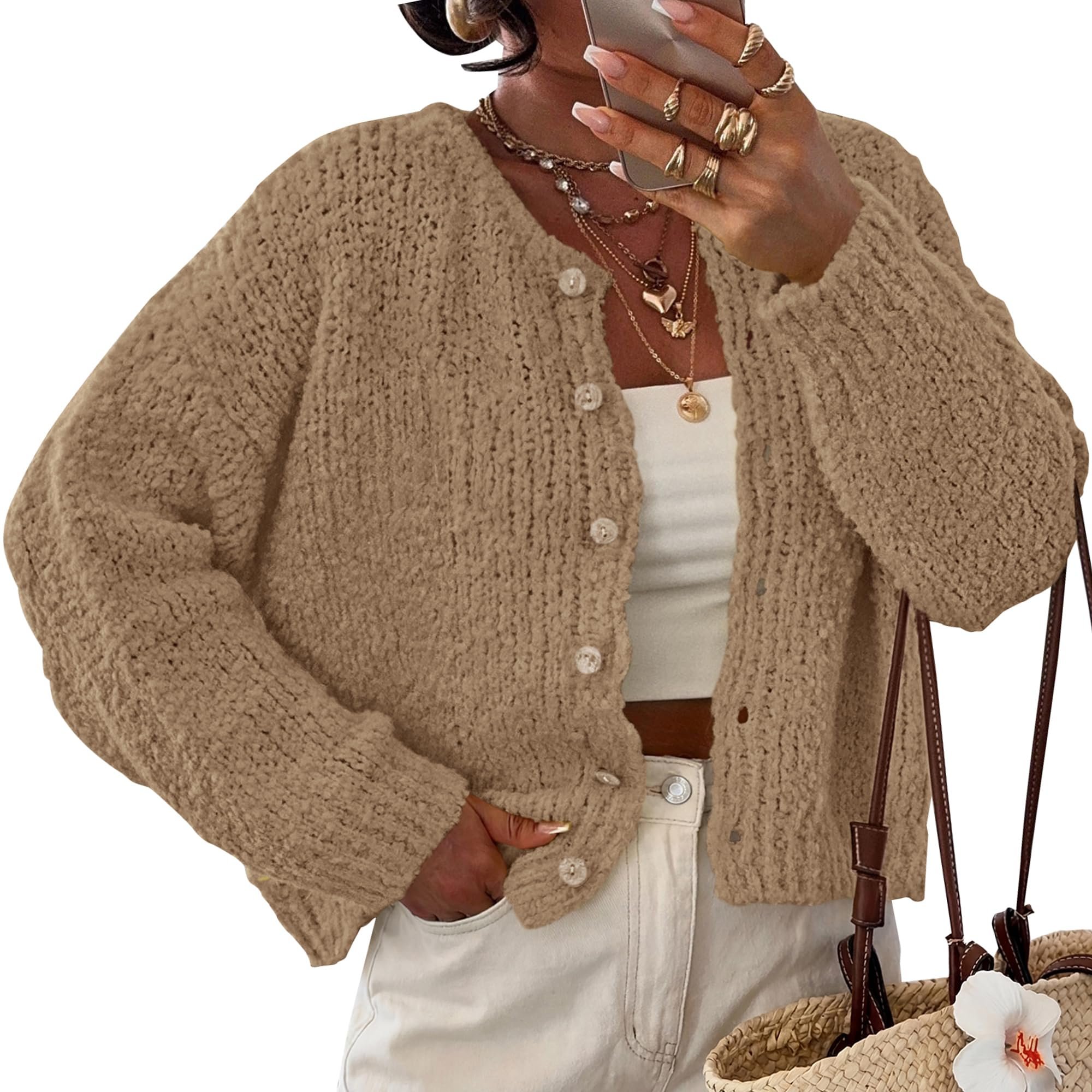 Taupe chunky knit cardigan over the white tank — Kirundo Fall Cardigans for Women Chunky Knit Button Up Sweaters
