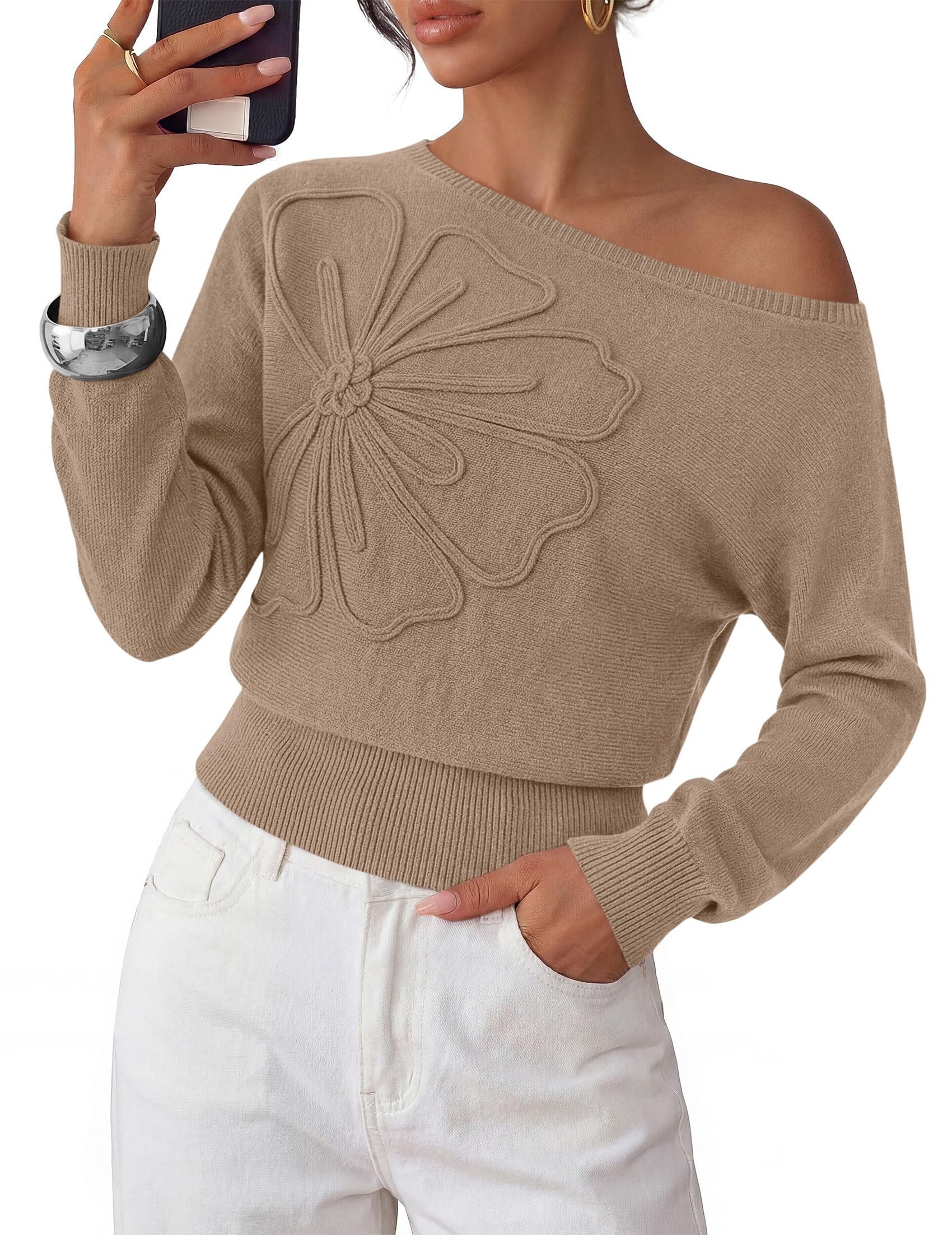 Pale blue wide jeans paired with black pointed toes — Prettygarden Women's Fall Off The Shoulder Sweater Tops