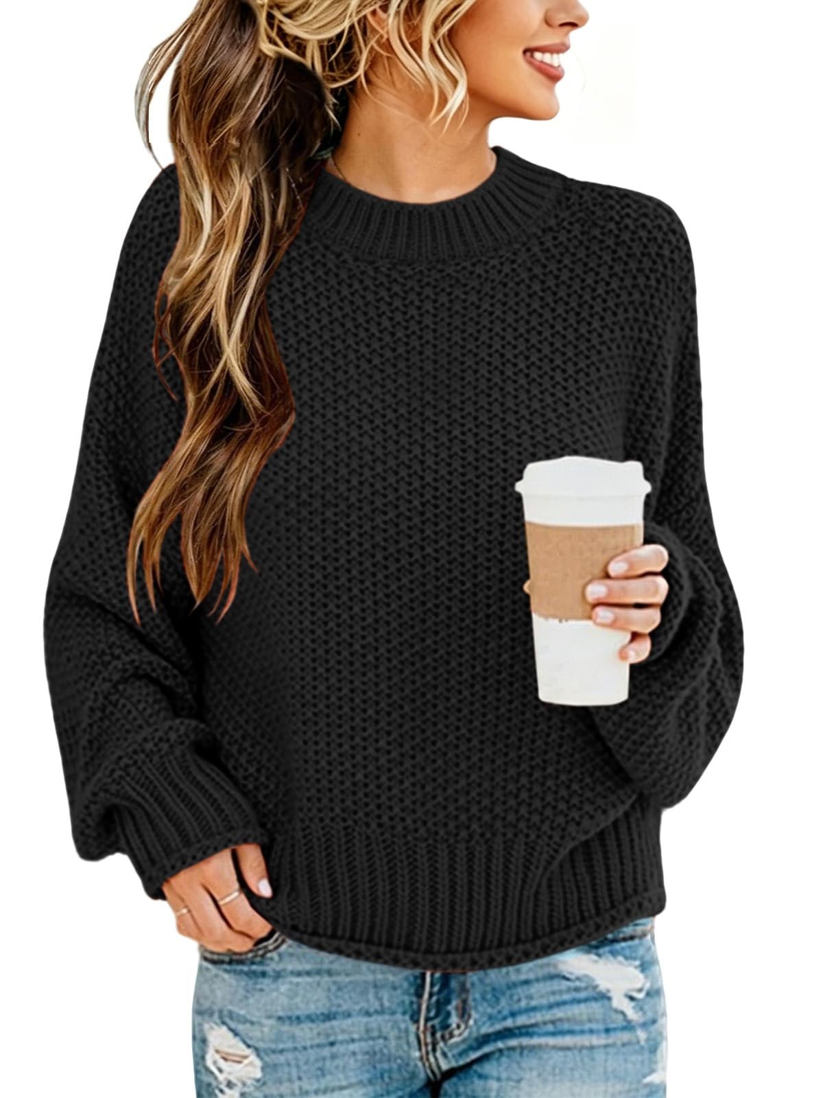 Square patch pockets outlined with topstitching — Putysenxi Fall Winter Crewneck Sweaters for Women Casual Trendy 2026 Long Sleeve Ribbed Pullover Loose Fit Tops