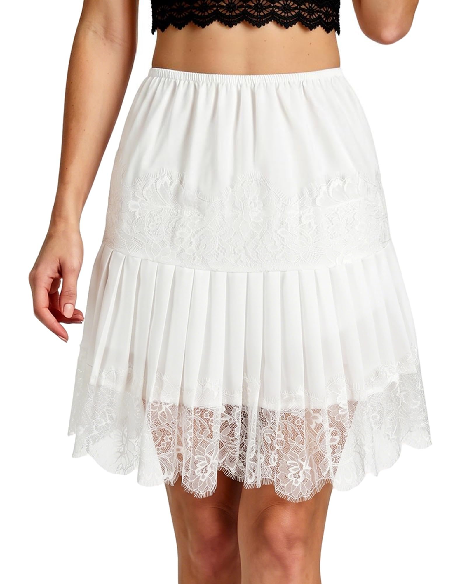 Red teddy coat open over white lace layers — Kasbah Women's Lace Pleated Slip Skirt A-Line Mini Skirt with Inner Casual