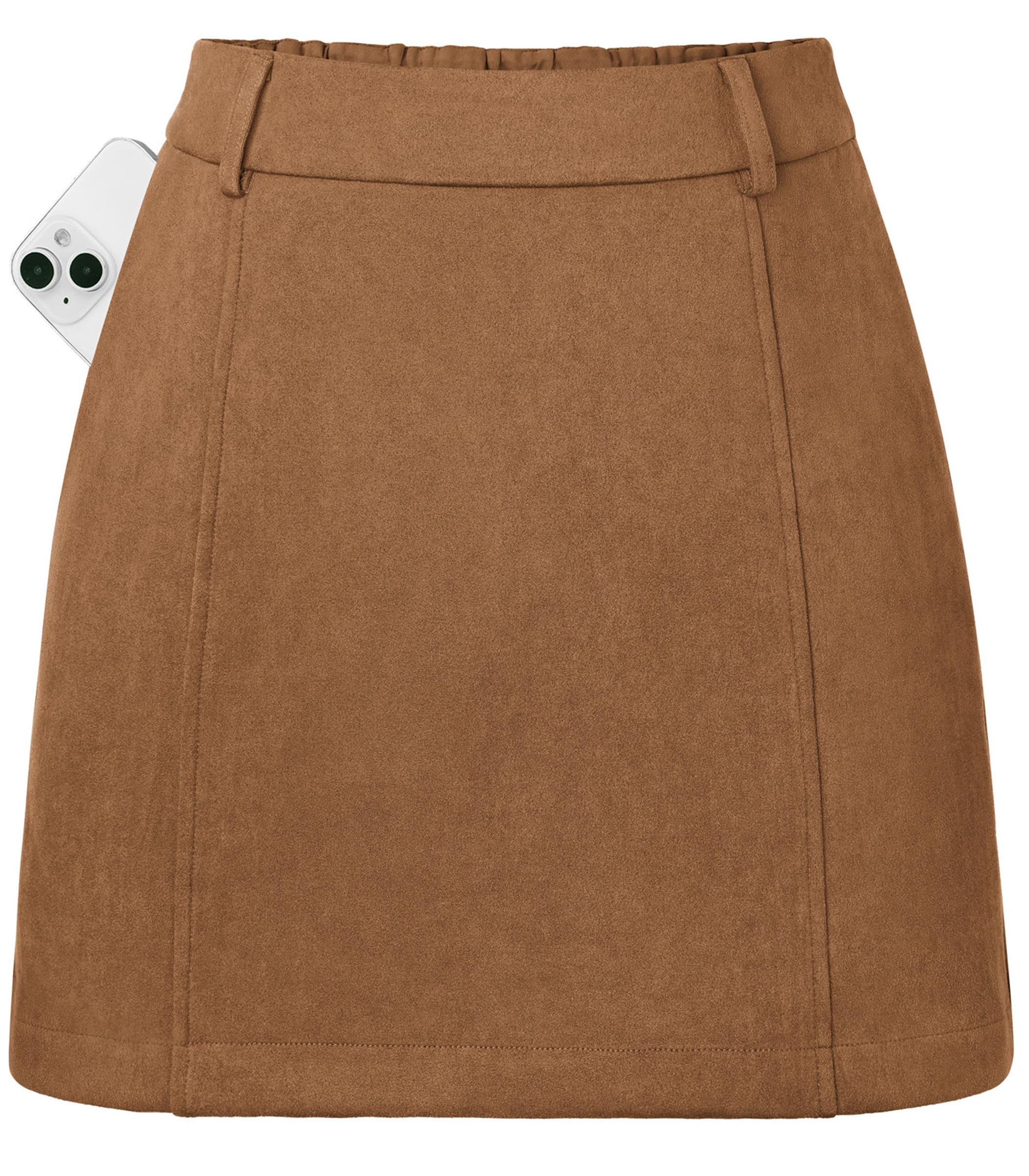 Tan suede mini with that stitched center panel — Kate Kasin Women Suede Mini Skirt with Shorts Fall Winter High Waist Skort