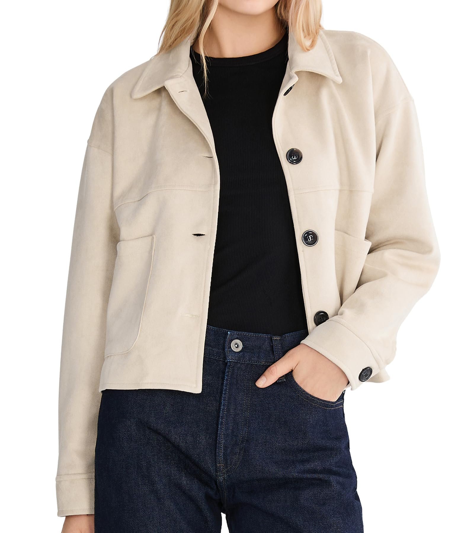 Brown palazzo pants flowing from the drawstring waist — Orolay CHIIONE Women's Faux Suede Relaxed Fit Cropped Jacket with Pockets