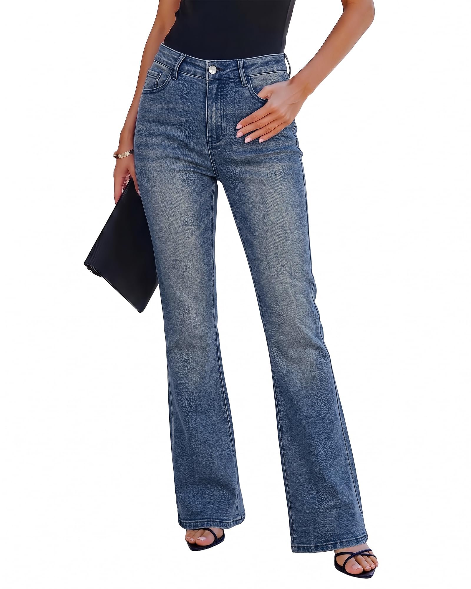 Black V-neck dropping into a deep point — Grapent Flare Jeans for Women Trendy High Rise Classic Stretchy Denim Pants