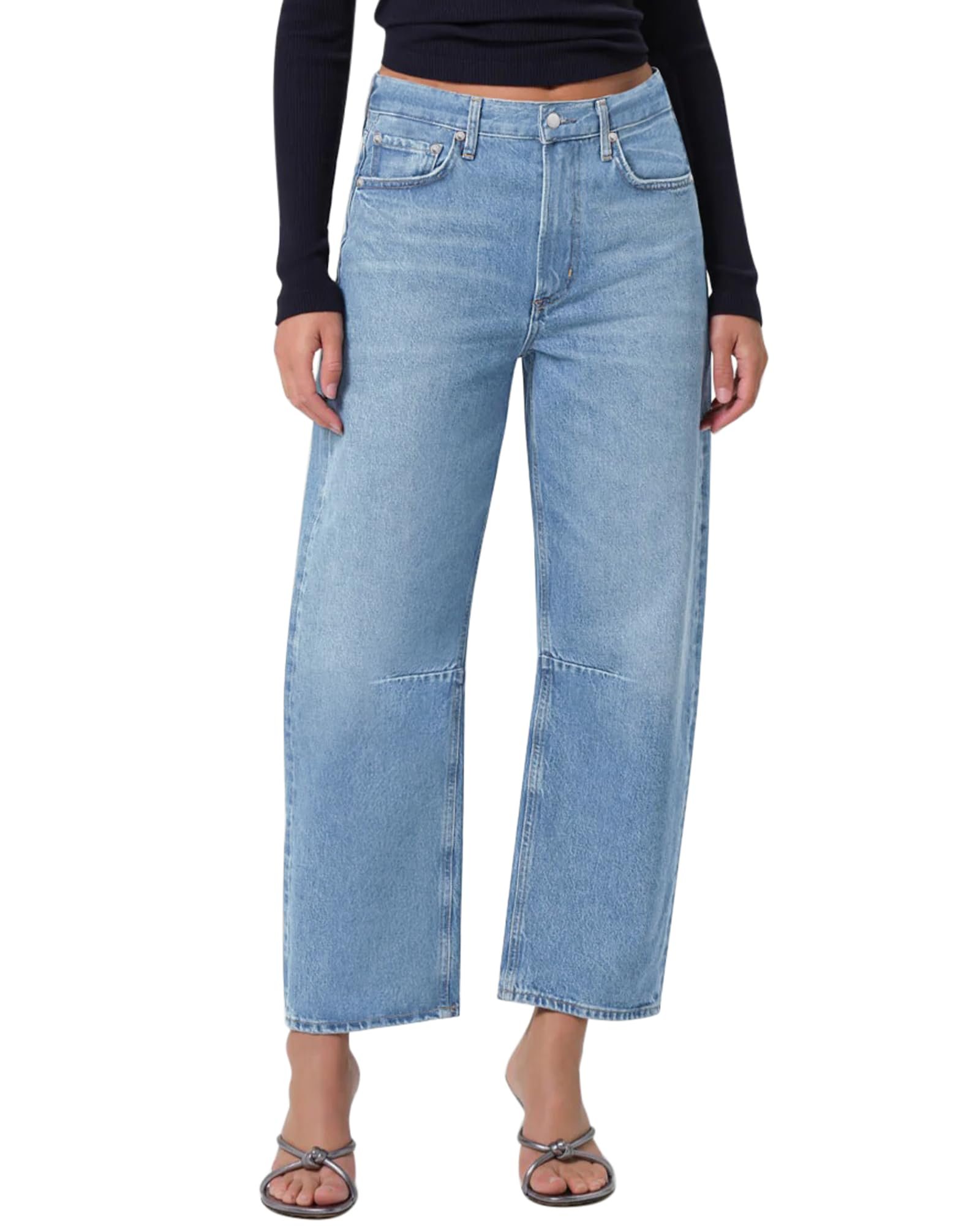 Stacked Sunshine lettering in retro wavy colors — Kdf Barrel Jeans Women, Mid Rise Baggy Wide Leg Soft Stretch Denim Pants