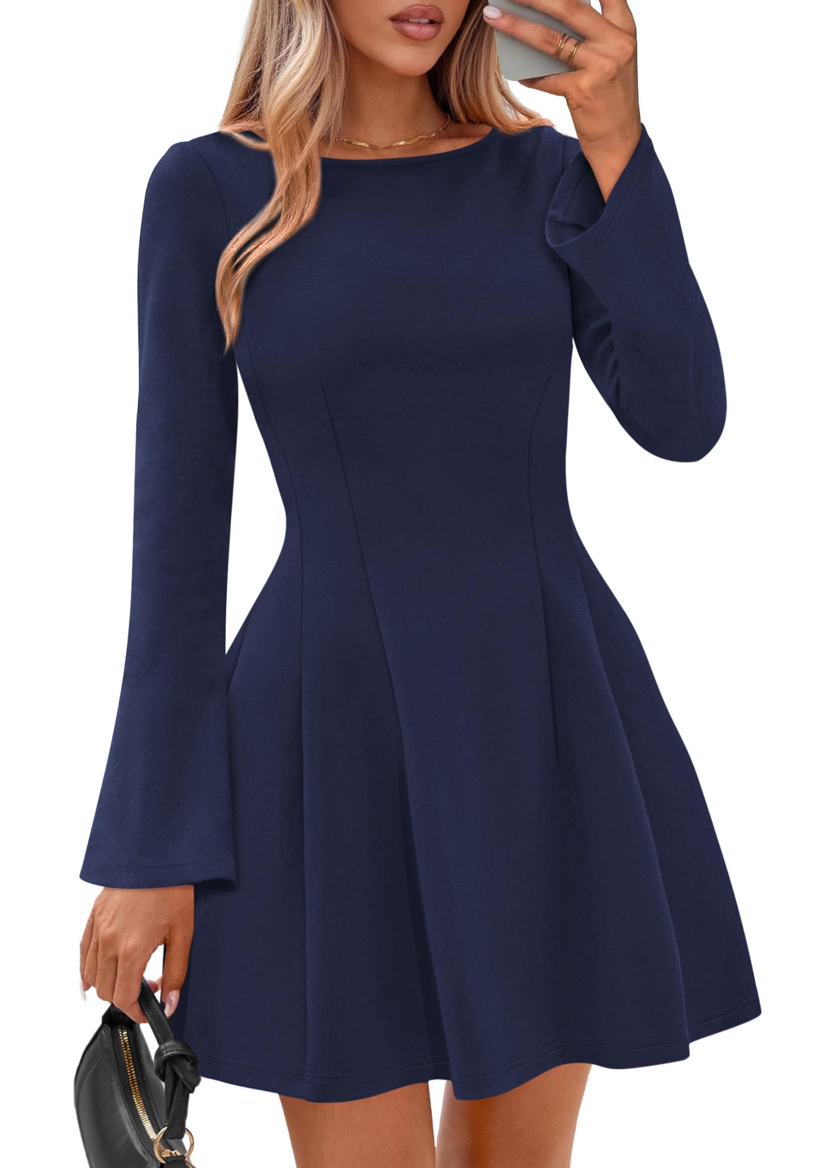Navy mini where the skirt starts to flare — Iwd Women's Bell Long Sleeve Mini Dress Boat Neck A Line Short Fall Dresses
