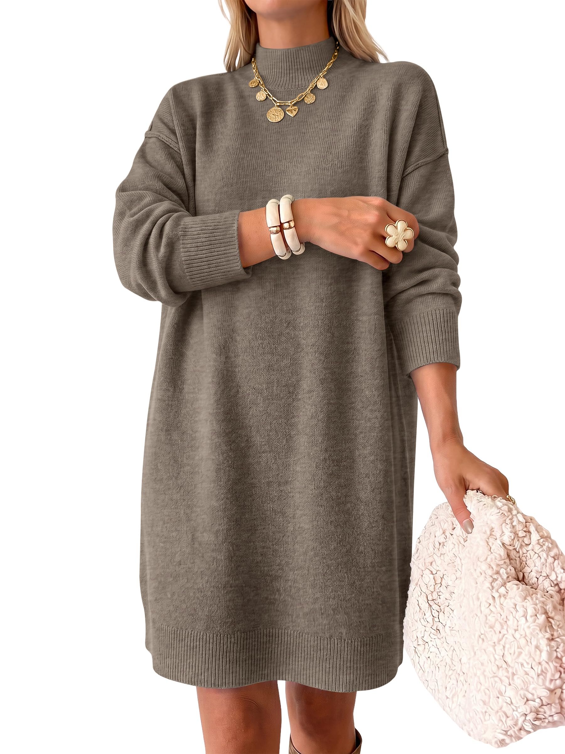 Taupe mock neck dress with the batwing sleeves — Anrabess Sweater Dress for Women Fall Oversized Mock Neck Long Sleeve Dress