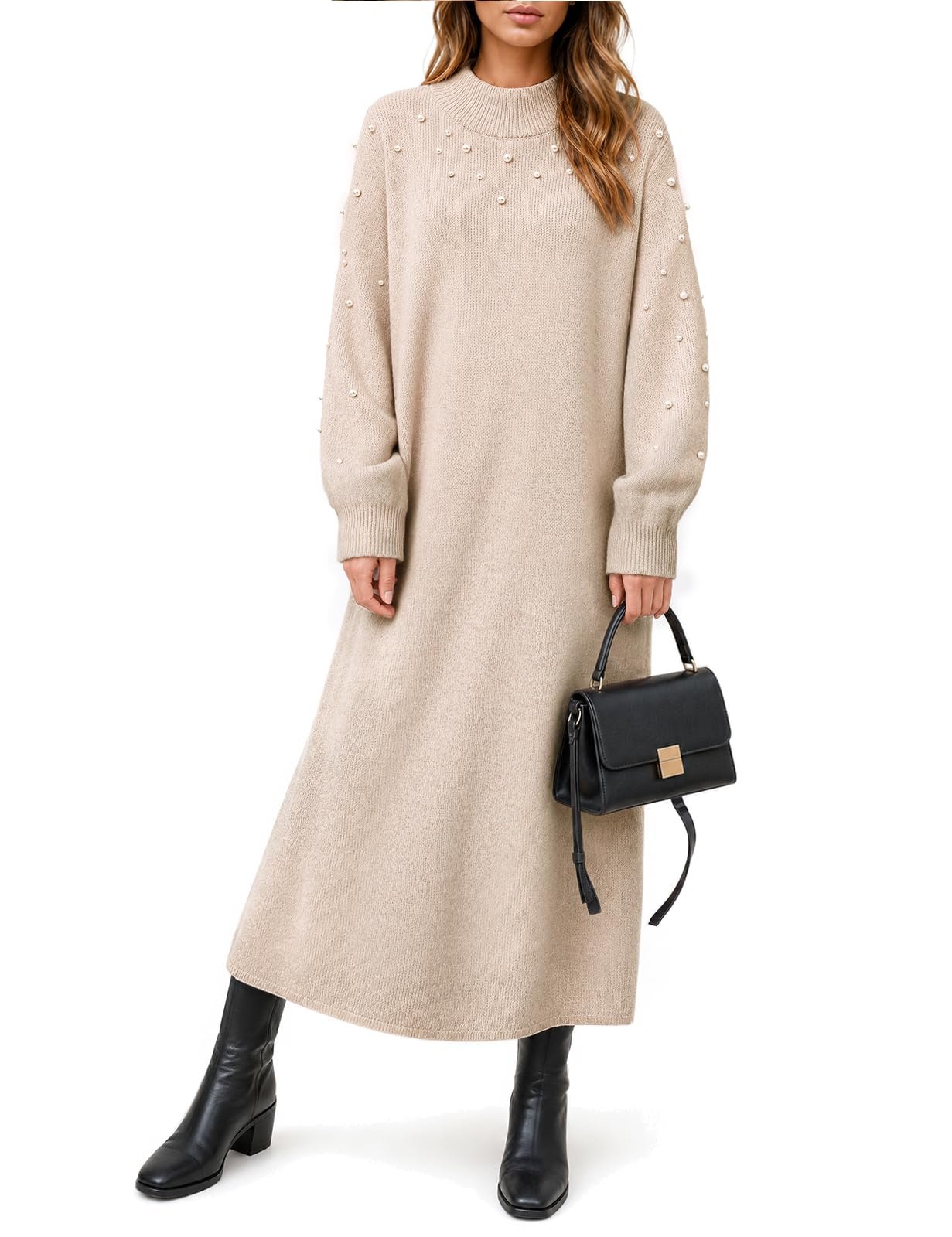Beige sweater dress covered in tiny pearls — CiCiBird Womens Pearl Sweater Dress Long Sleeve Maxi Dresses