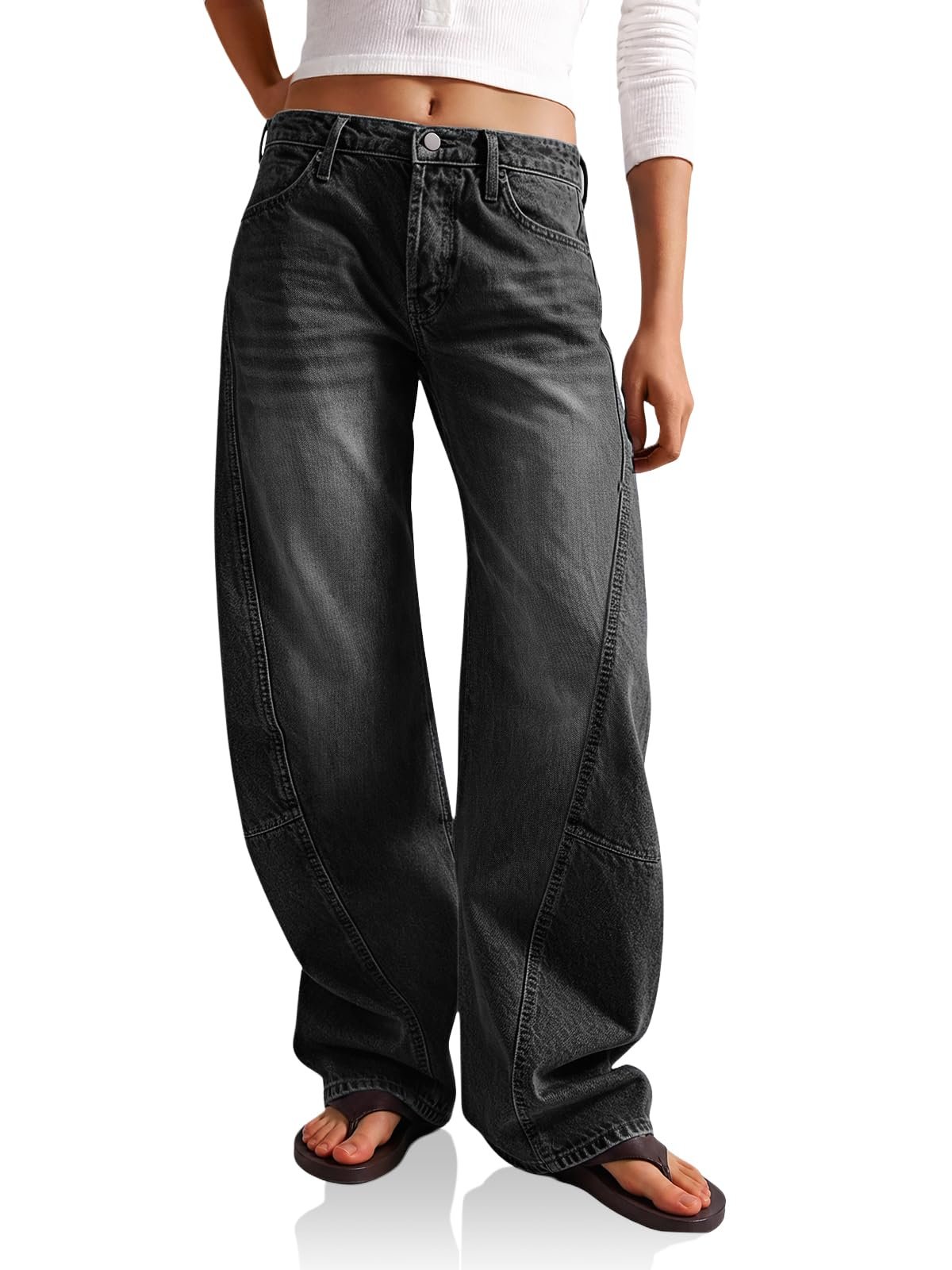 Gold zipper front layered above high waisted denim — Cicy Bell Womens Baggy Wide Leg Jeans High Waisted Seam Denim Pants
