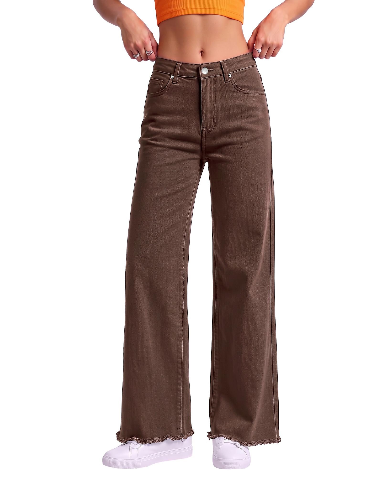 Cream stripes meeting the denim collar and cuffs — Utyful Womens Baggy Jeans High Waist Stretchy Wide Leg Denim Pants Trousers
