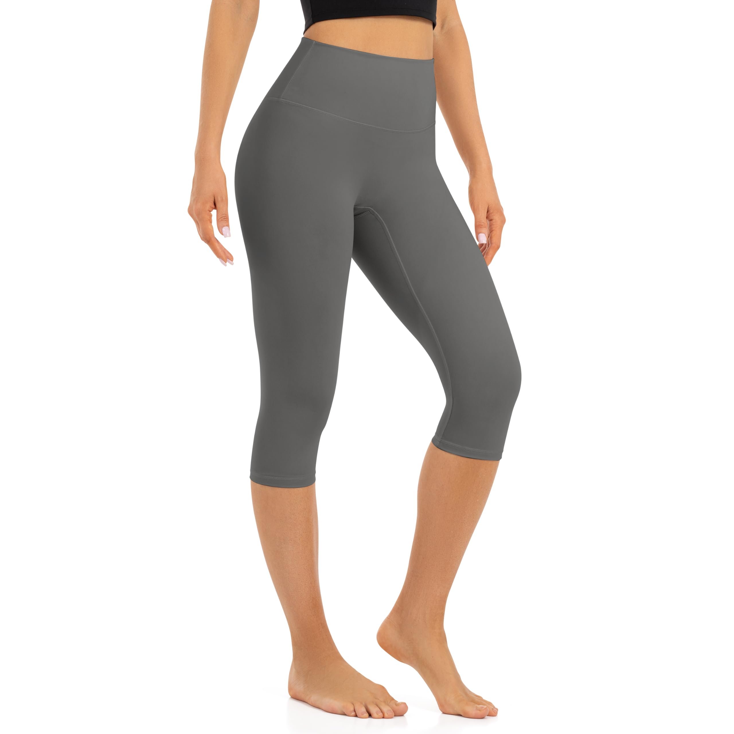 Grey capri leggings hitting just below the knee — Uowou Womens Leggings No Front Seam High Waisted Workout Soft Yoga Pants