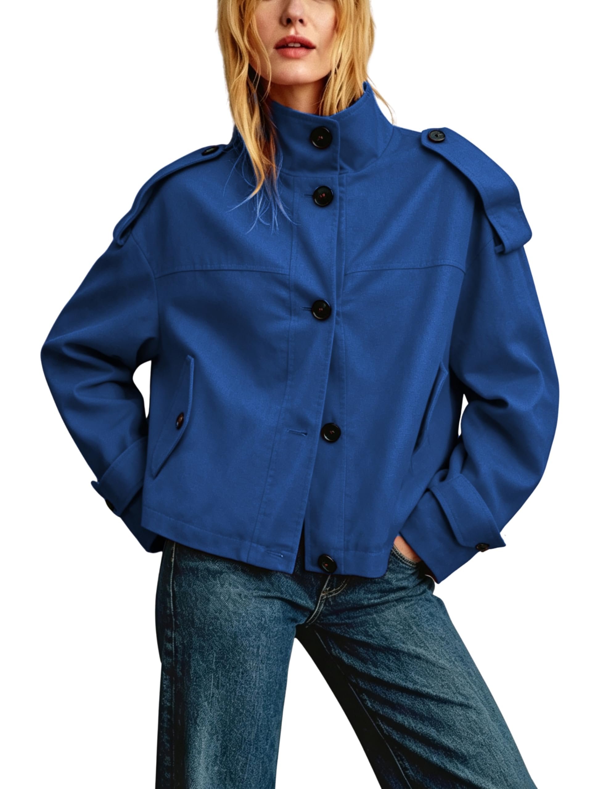 Pinstripe barrel jeans and that tiny blue heart — Puwei Women's Cropped Trench Coat Casual Oversized Button Down Jacket