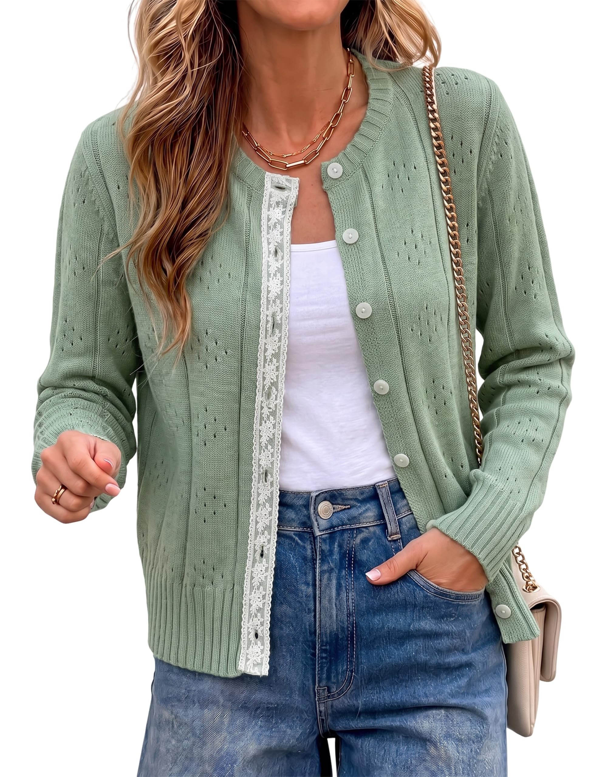 Buttoned up for an audience of one lamp — Uatkimi Women Lace Trim Cardigan Crochet Long Sleeve Button Knit Sweater