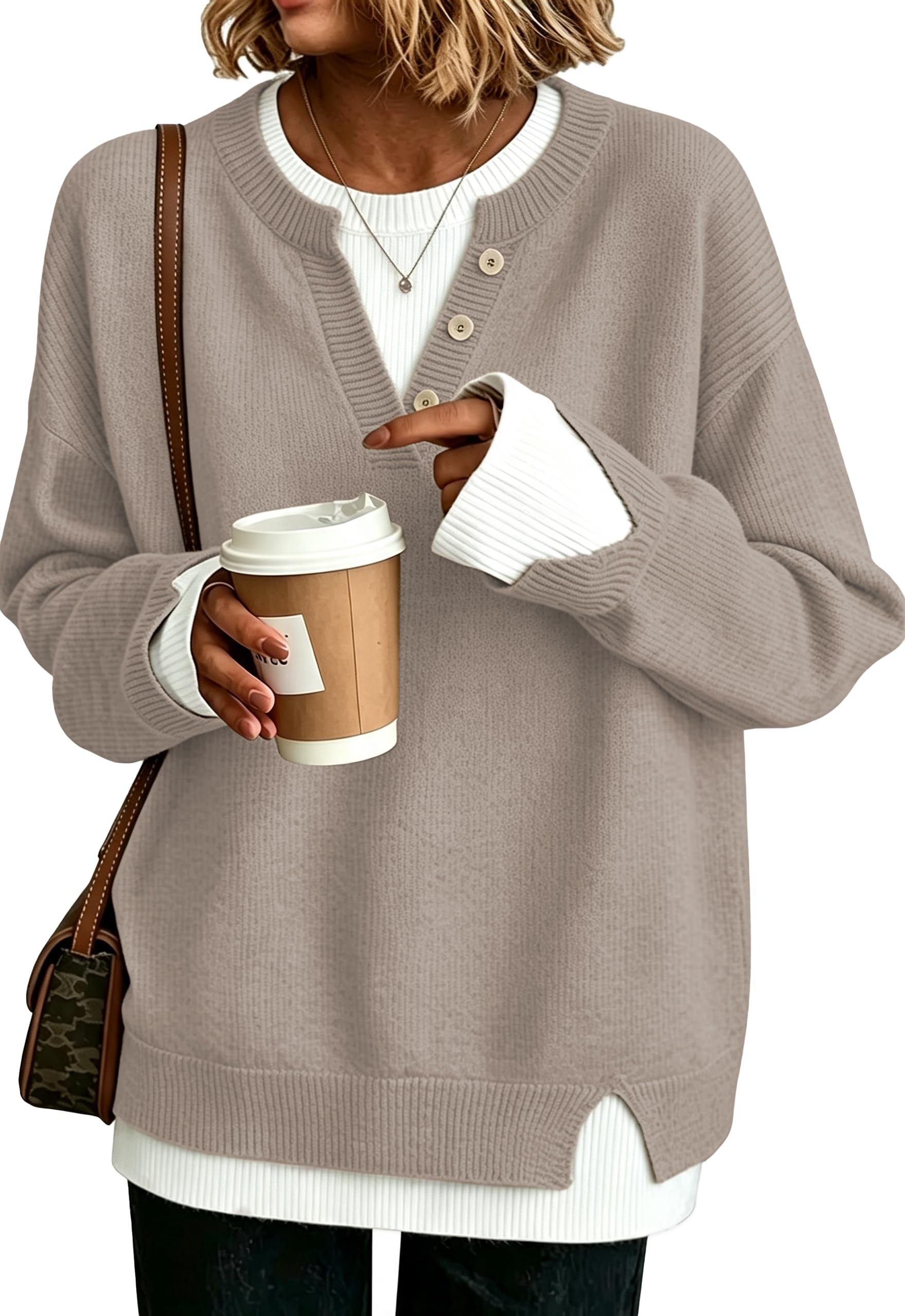 Three off-center buttons along the taupe henley — Etcyy Womens Henley Sweaters Pullover Work Tops Fall Clothes Teacher Outfits