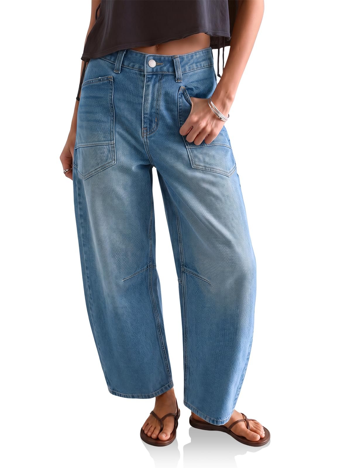 Twelve floors of fur vest confidence — Cicy Bell Women Cropped Barrel Jeans High Waisted Wide Leg Denim Pants