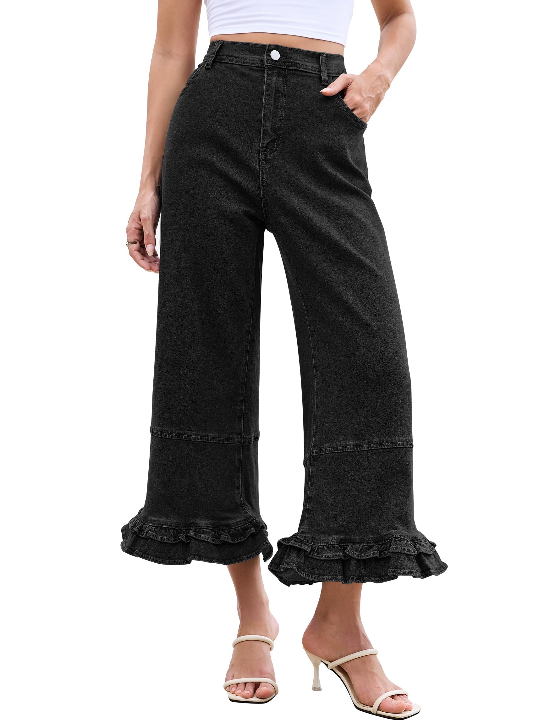 Ribbed cuffs on the crewneck sleeves — Eddoyee Women's Wide Leg Ruffle Hem Baggy Jeans HIgh Waisted Denim Cropped Trousers