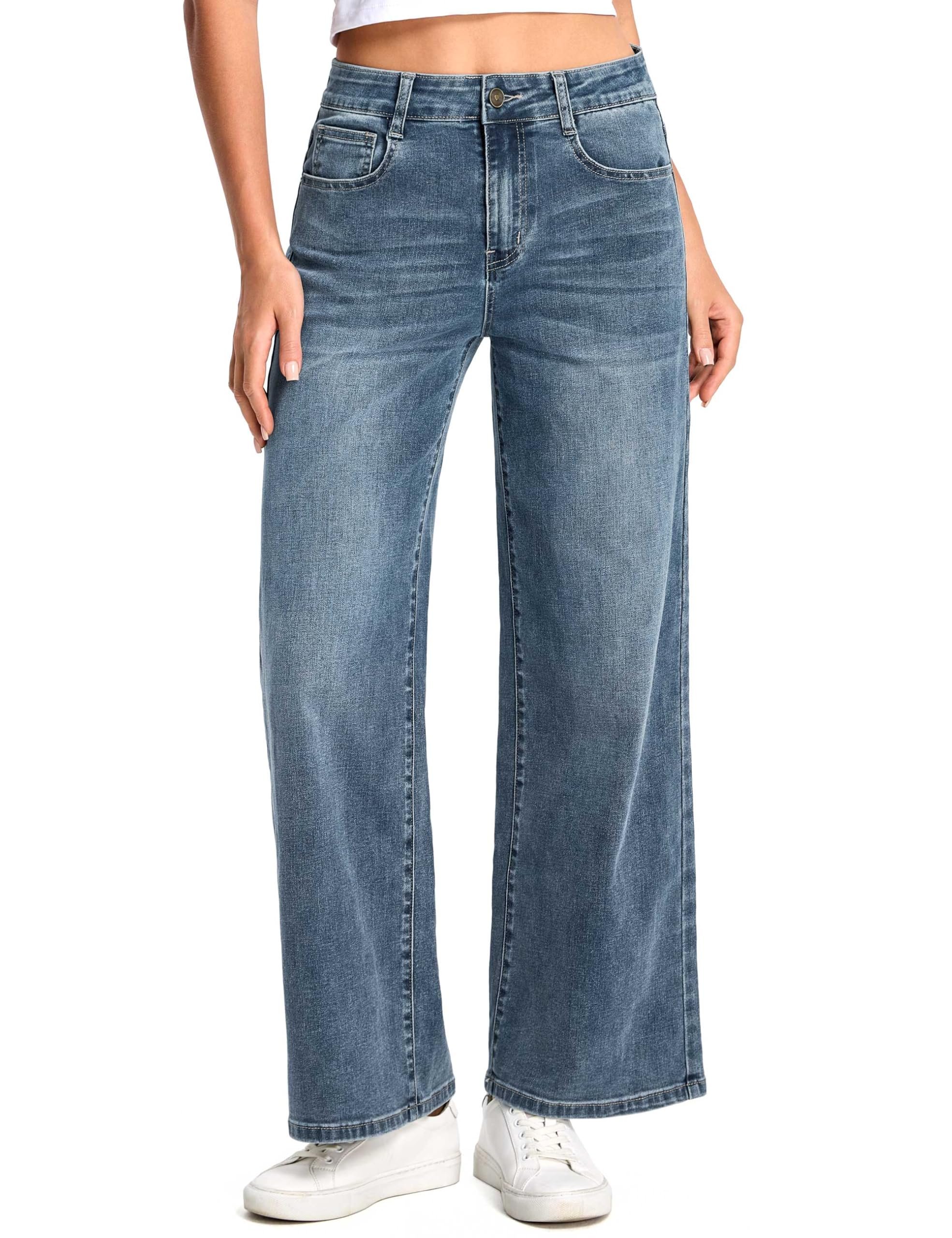 Colorful THANKFUL letters boxed on oatmeal crewneck — The Gym People Women's Wide Leg Stretchy Jeans Baggy Ankle Denim Pants