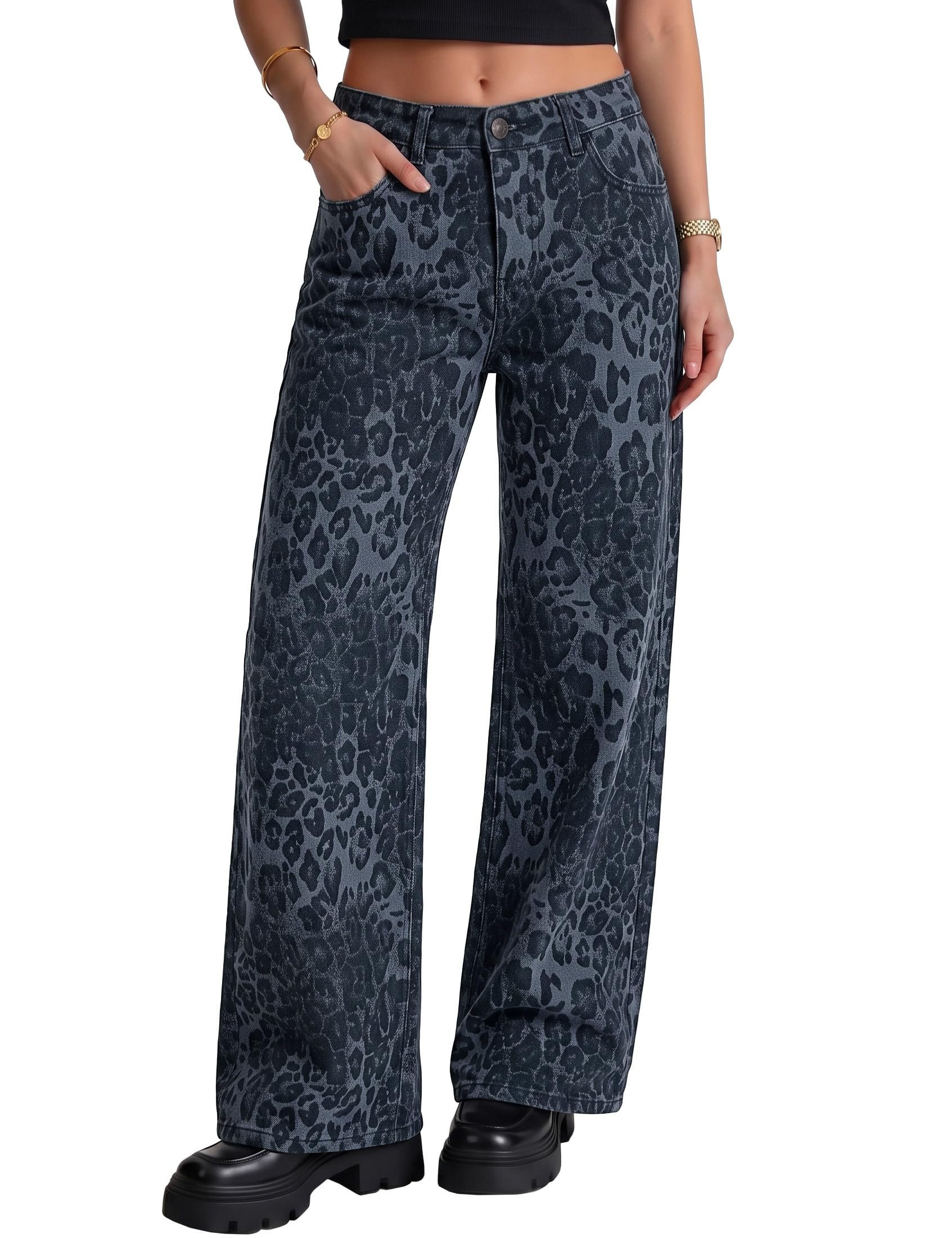 Pink vertical stripes and the chest pocket on the left — Utyful Wide Leg Jeans Woman Baggy Jeans Women High Waist Leopard Pants