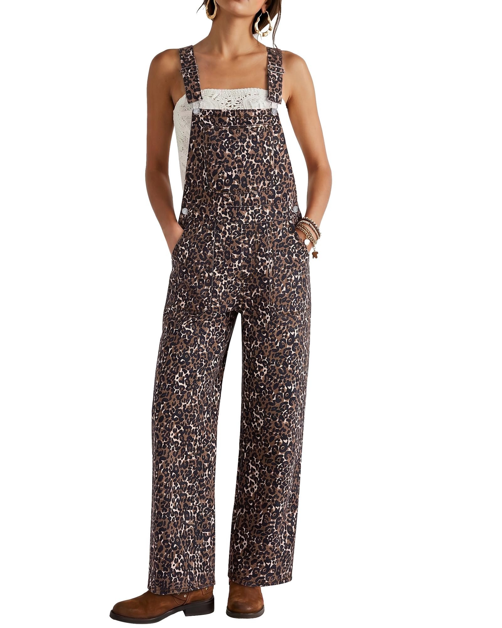 Two big hip pockets on loose leopard denim — Luvamia Leopard Jumpsuit for Women Loose Wide Leg Baggy Denim Jean Overalls