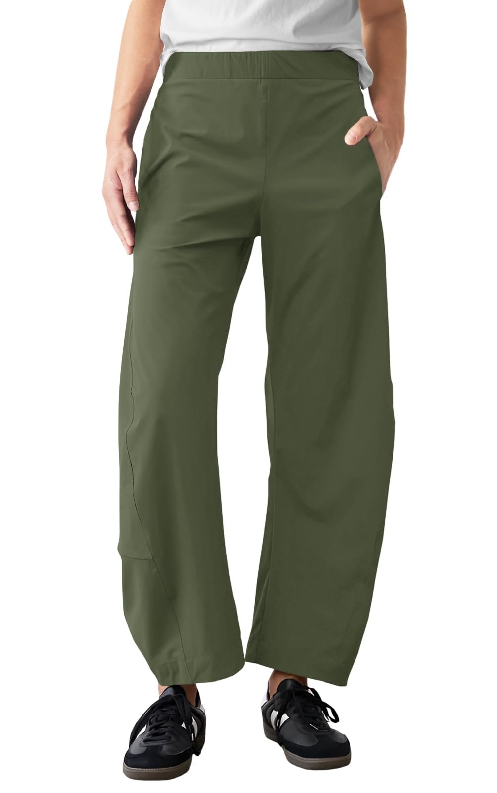 Full length olive pants tapering to the ankle — Egockal Womens Barrel Travel Pants Elastic Waist Baggy Ankle Pants with Pockets