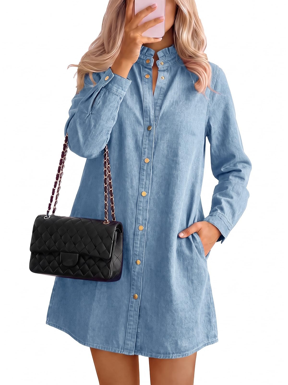 The coffee run deserved Jeans — Wenrine Womens Denim Dress Long Sleeve Button Down Ruffle Jean Shirt Dress