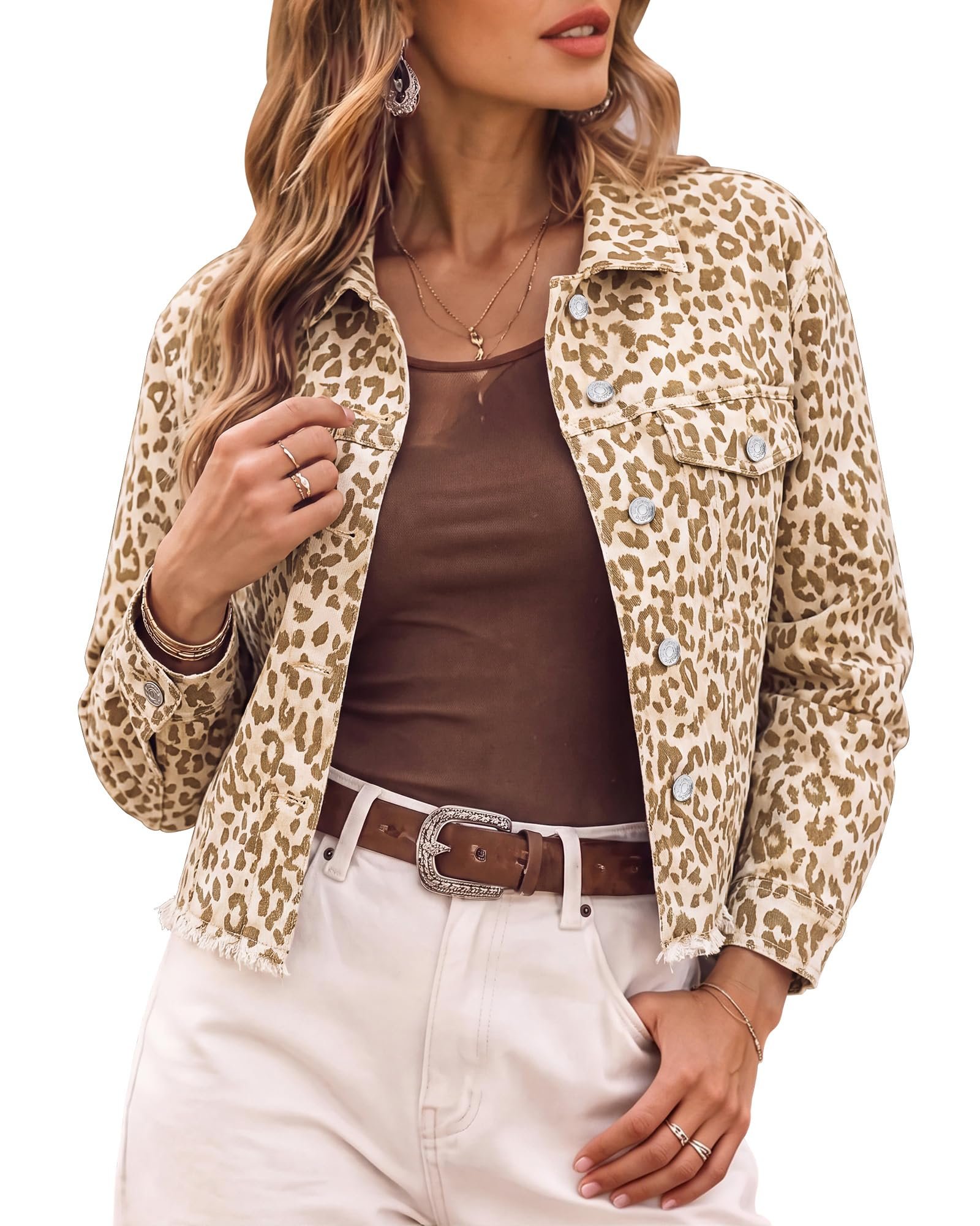That brown corduroy skirt finishes in little scallops — Luvamia Women Leopard Cheetah Print Jackets Stretchy Frayed Hem Jean Jacket