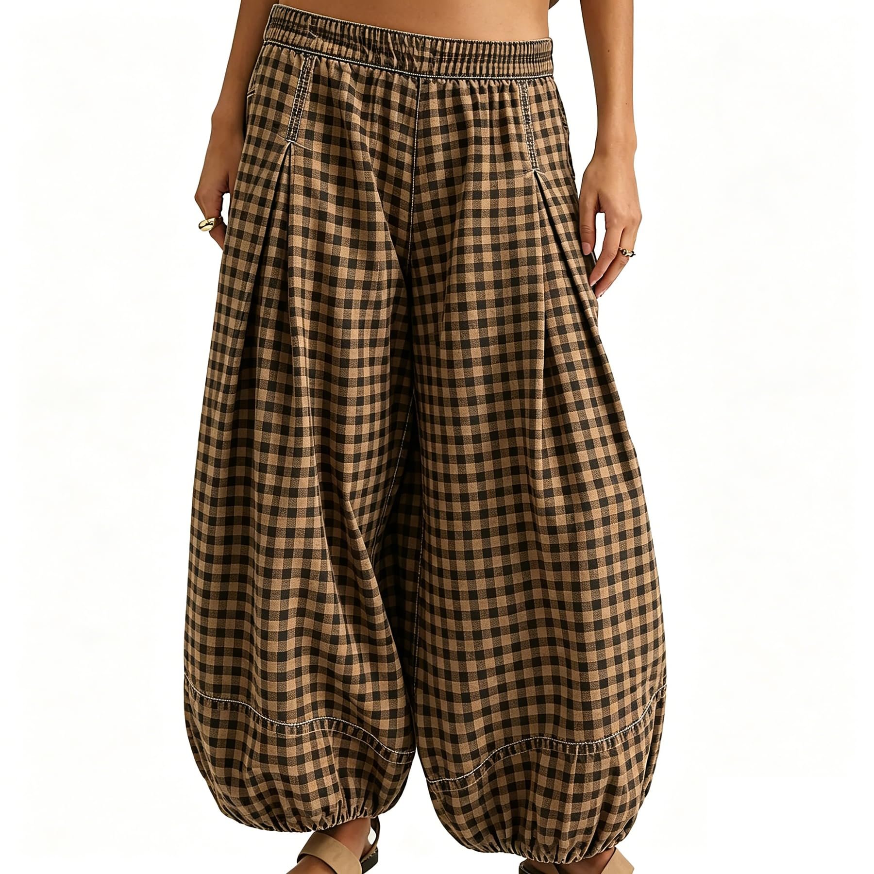 Cream 24 across the burgundy varsity knit — Allison Jennie Women Gingham Ballon Pants Casual Barrel Pant Baggy Trousers