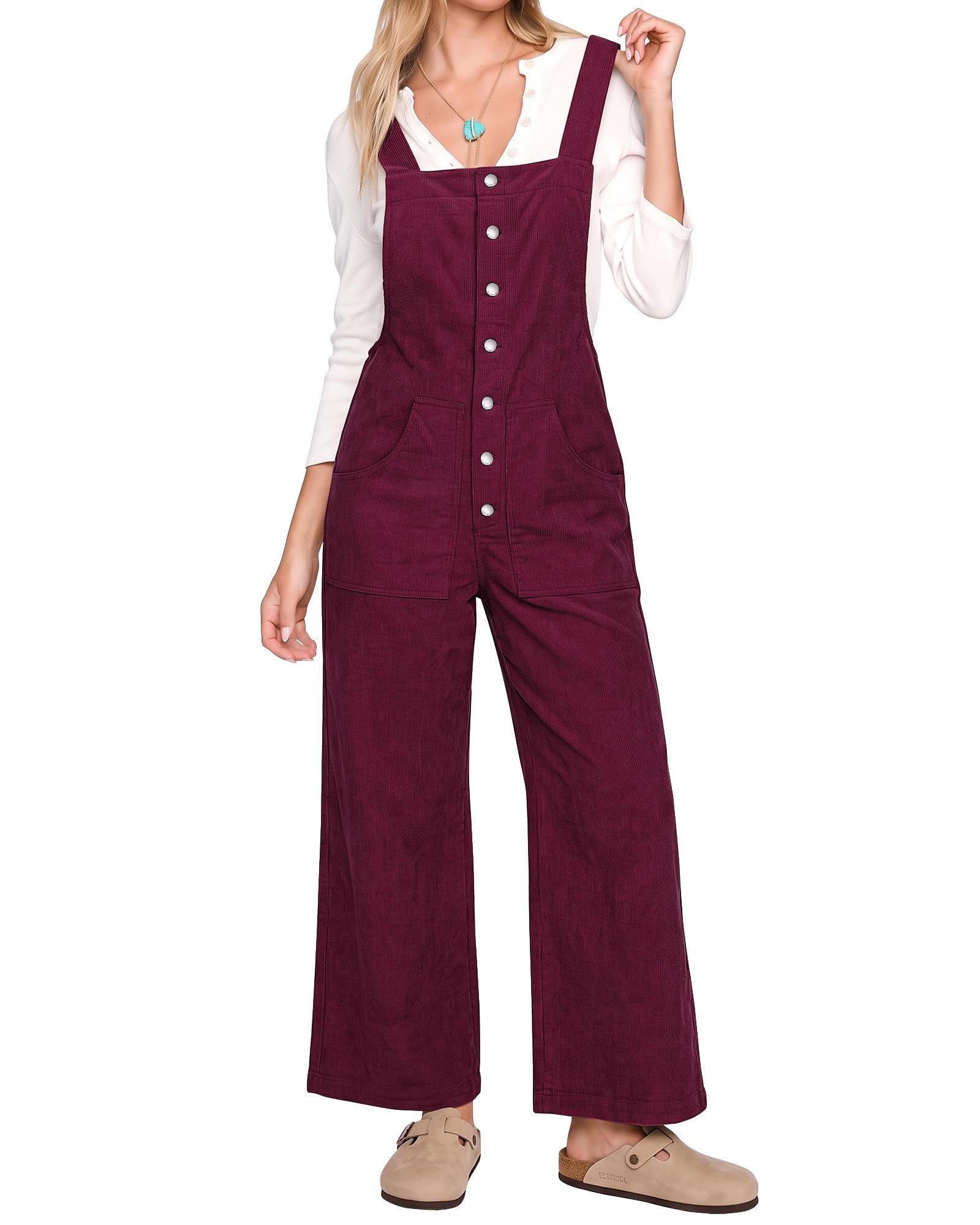 Burgundy corduroy showing fine vertical wales — Luvamia Corduroy Overalls for Women Wide Leg Bib Jumpsuits Baggy Loose Fit