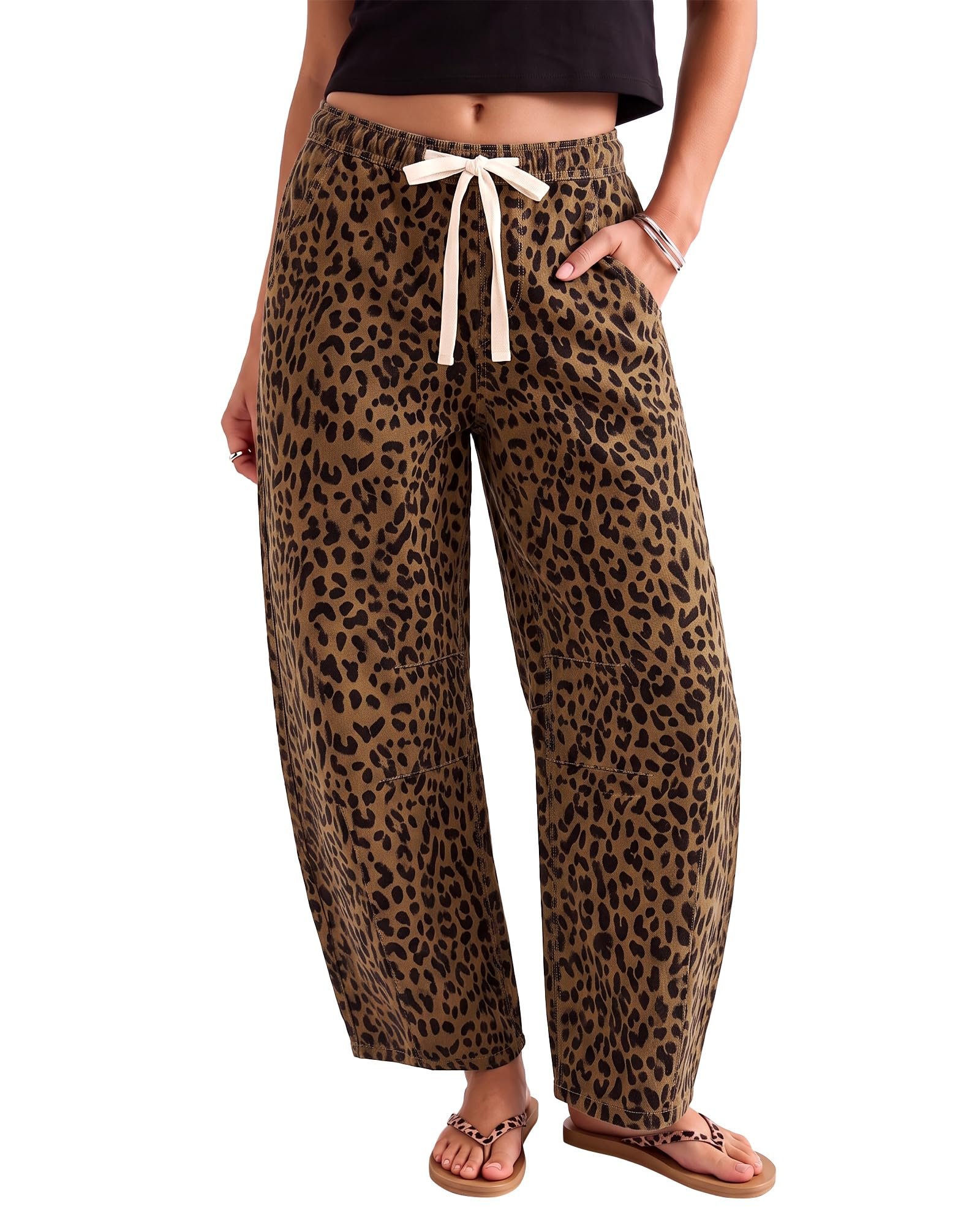 Fuzzy charcoal jacket and that white tank underneath — Utyful Barrel Jeans Women Elastic Waist Pull On Baggy Jeans Leopard Pants