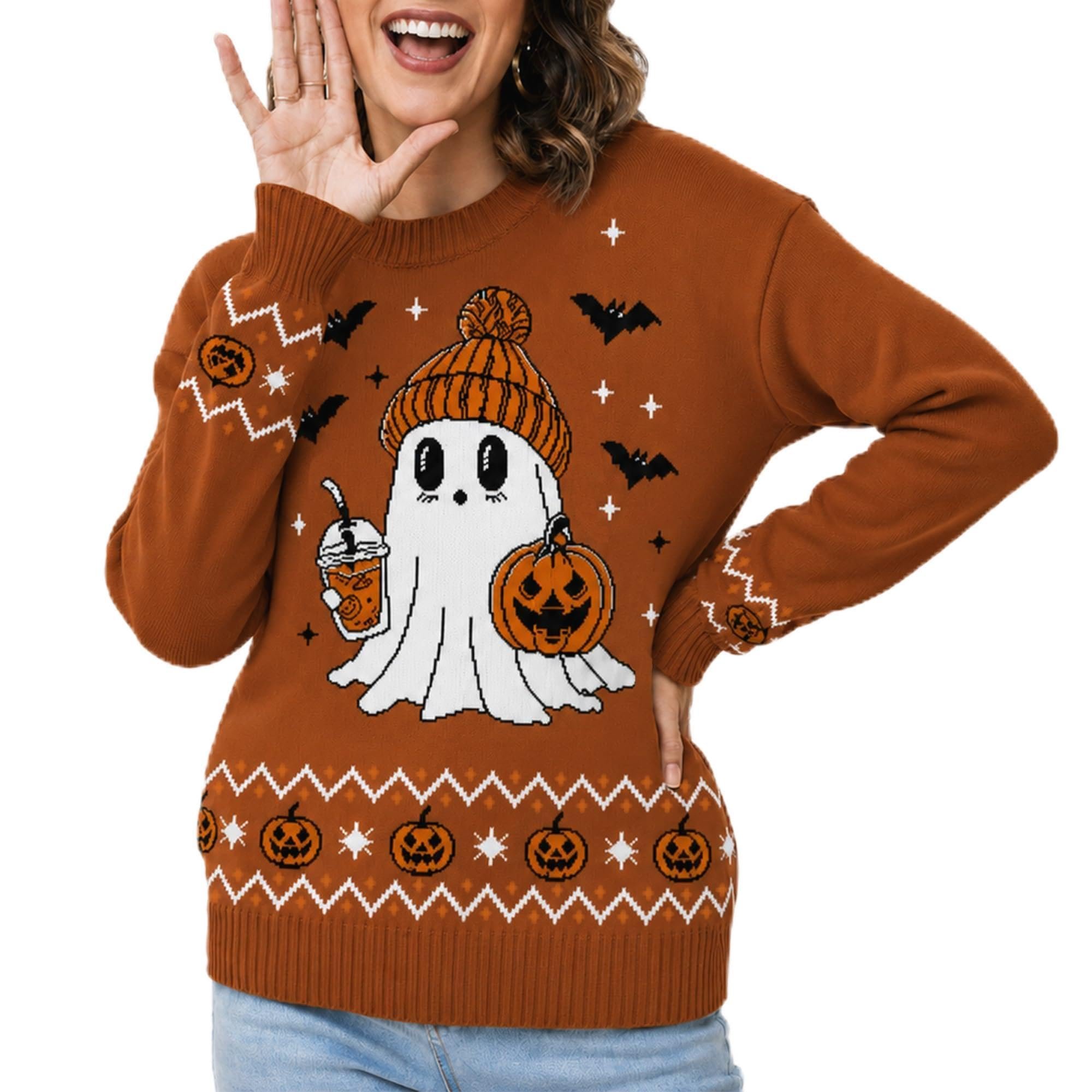 Cold front, warm welcome for Top — Heglo Halloween Sweaters for Women: Ghost Pumpkin Costume Knit Pullover