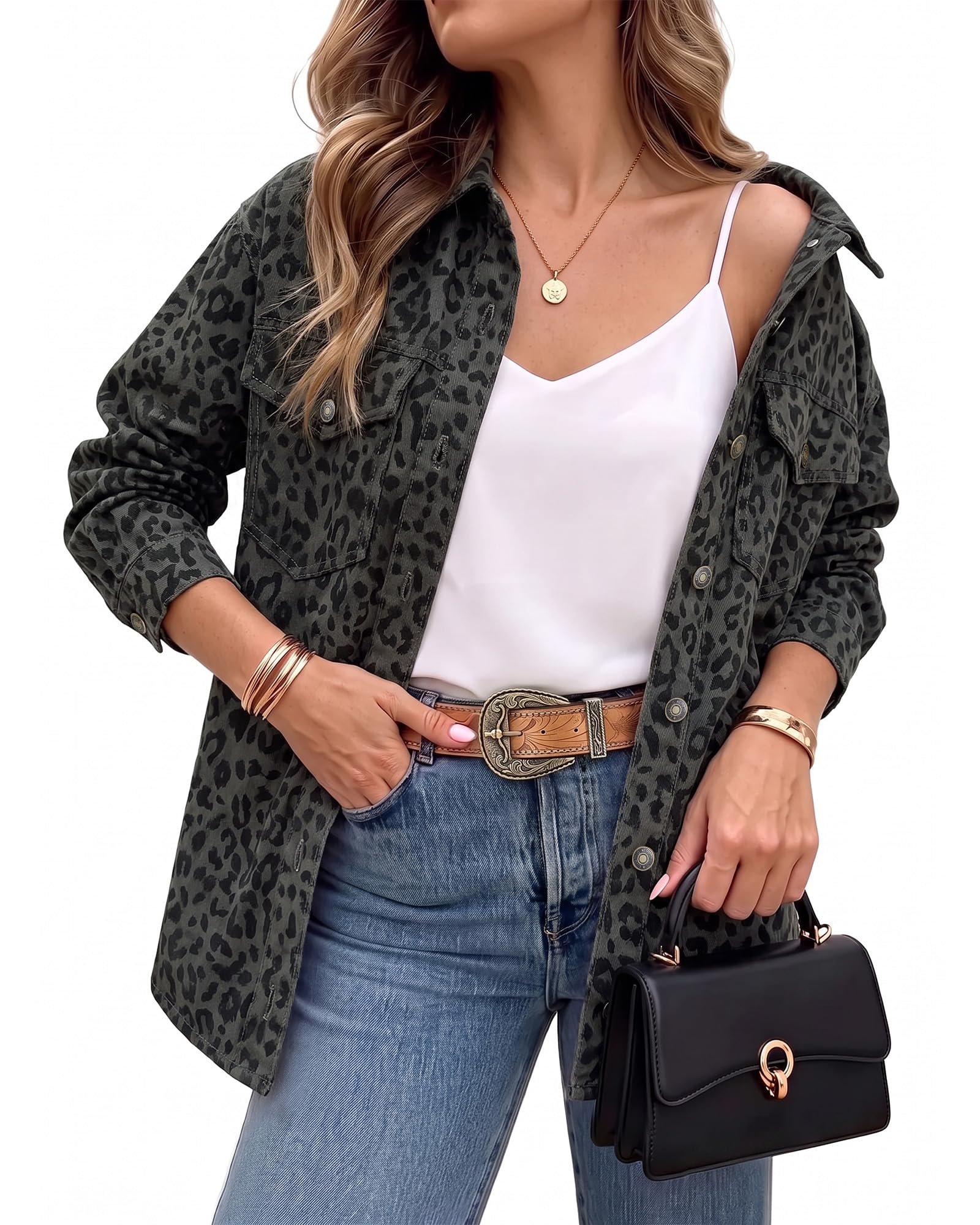 Cheetah spots after dark — Luvamia Leopard Jean Jacket Women Cheetah Print Oversized Denim Shacket