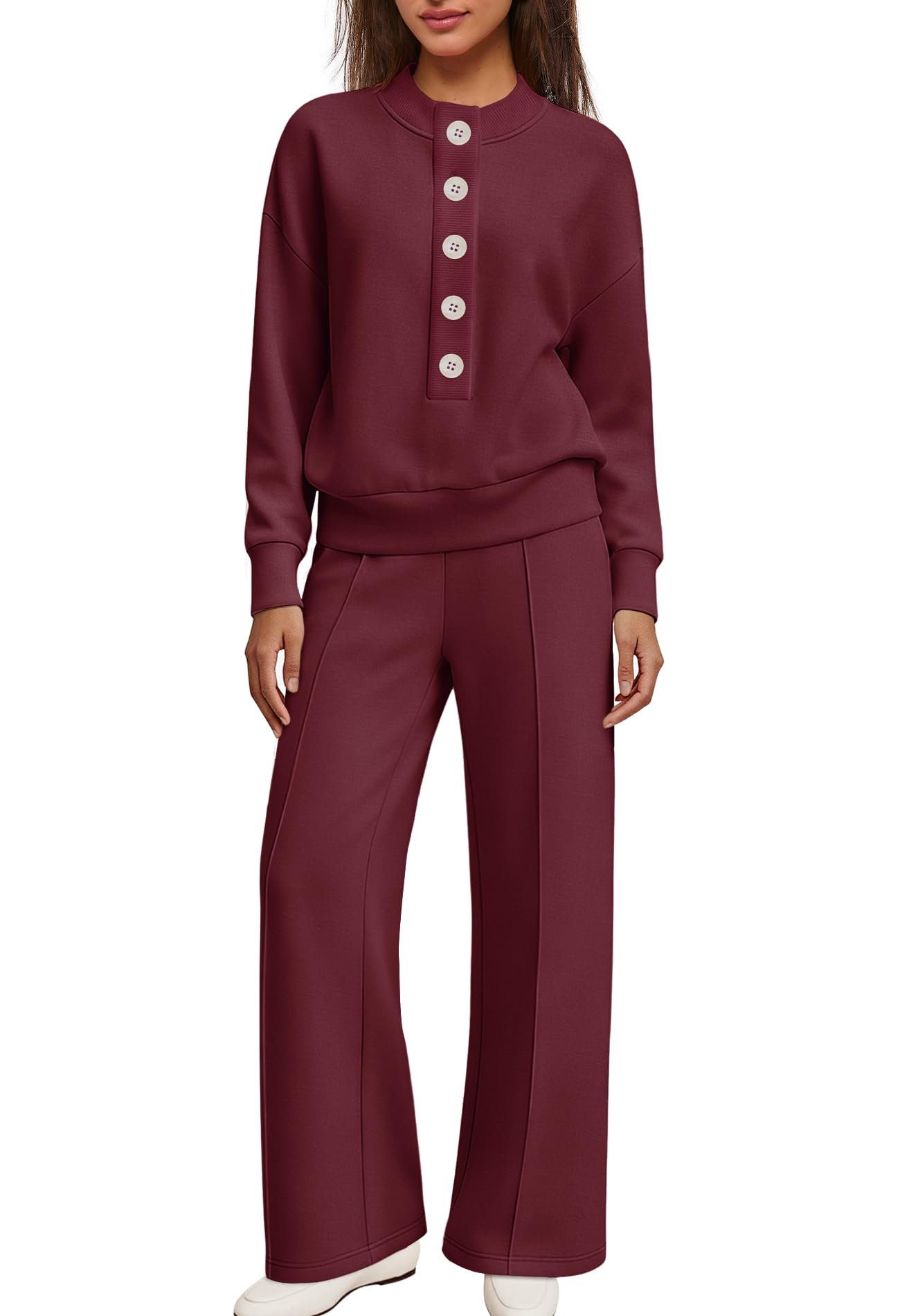 Five white buttons on the burgundy co-ord — ReachMe Sweatsuits Women 2 Piece Sets Fall Airport Travel Outfit