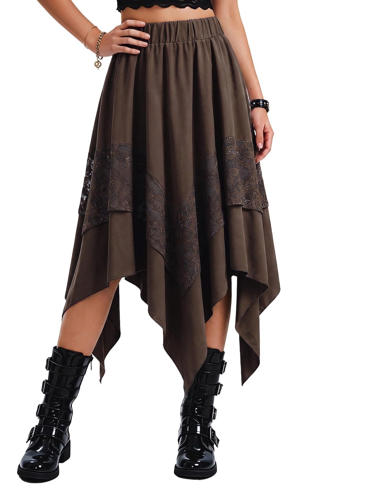 Handkerchief points falling at different lengths — Xzqtive Women Renaissance Flowy Lace Midi Elastic Gothic Pirate Skirt